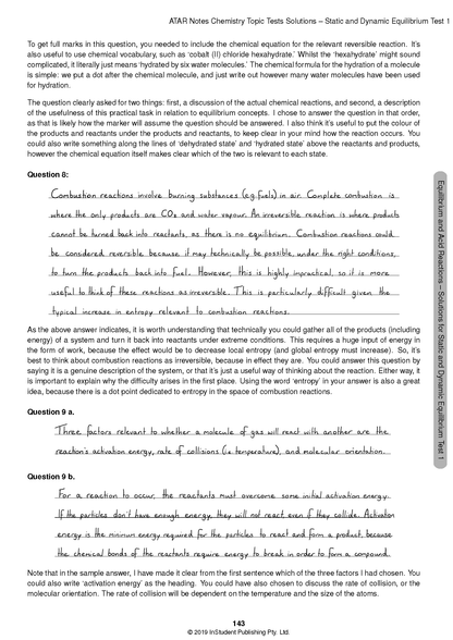 Chemistry Topic Test solutions by ATAR Notes, showing a page with handwritten answers for equilibrium questions 8 and 9.