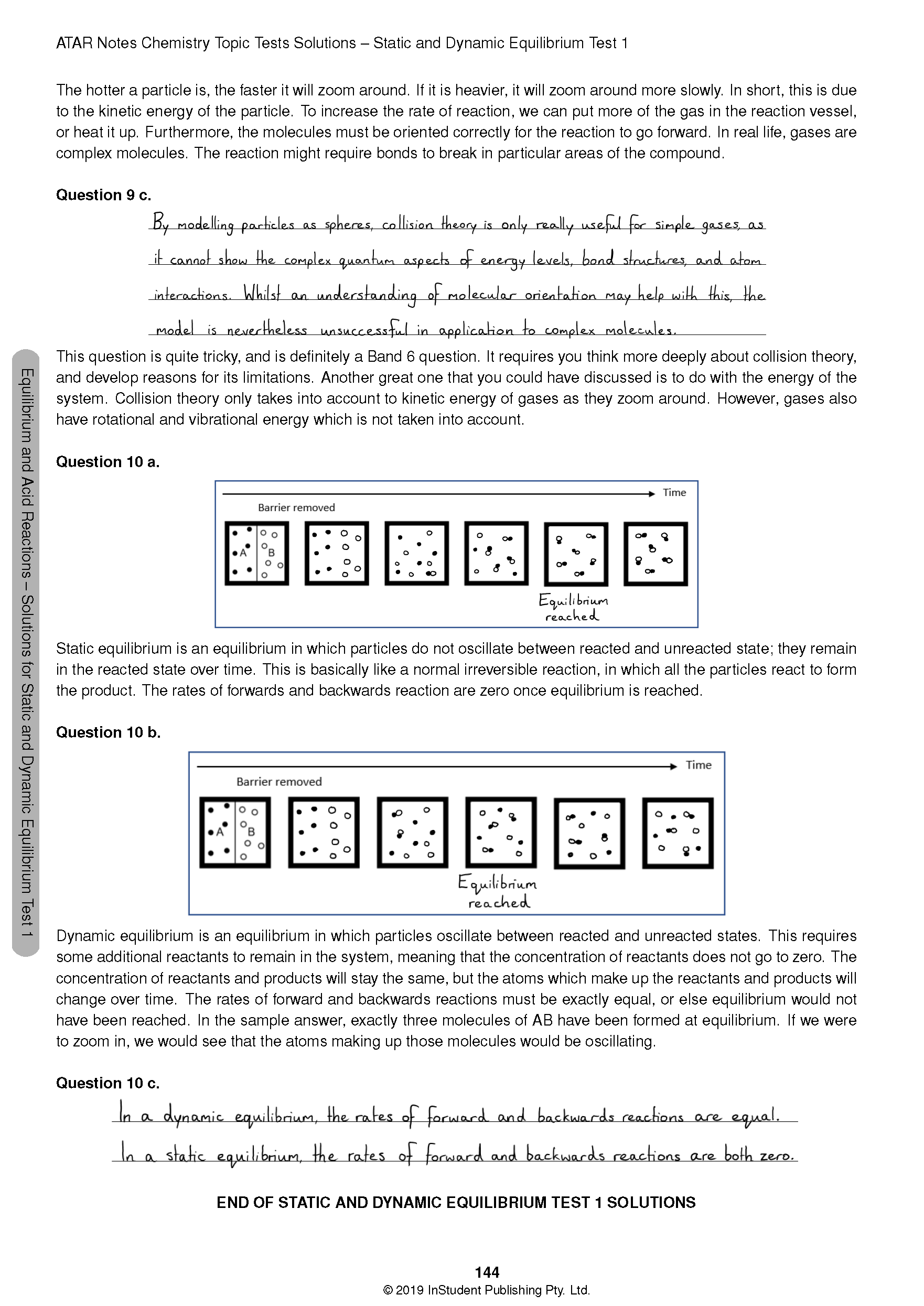 Chemistry Topic Tests solutions page by ATAR Notes, showing typed and handwritten answers with equilibrium diagrams.