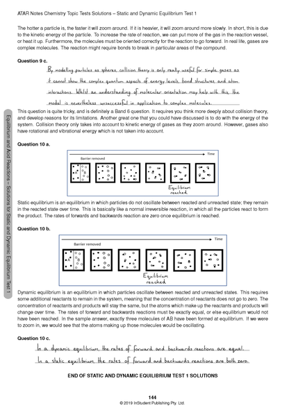 Chemistry Topic Tests solutions page by ATAR Notes, showing typed and handwritten answers with equilibrium diagrams.