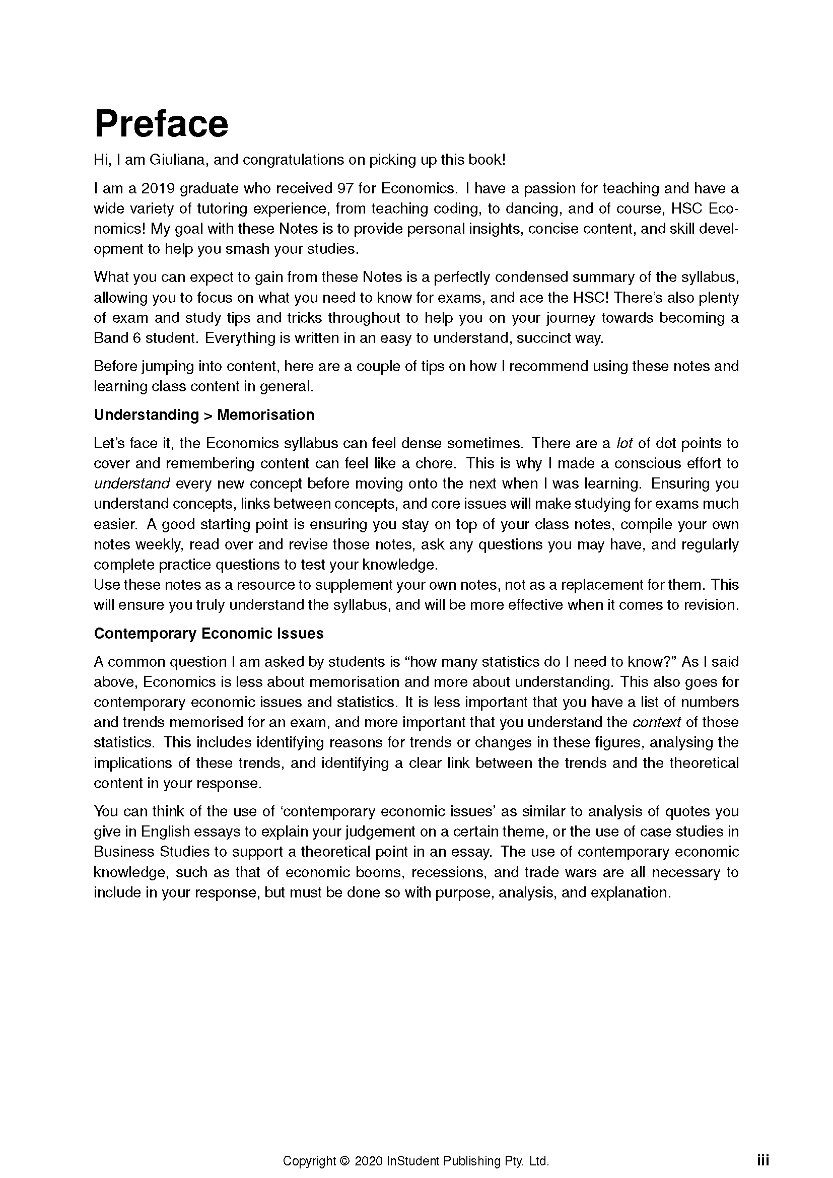 HSC Year 12 Economics Complete Course Notes (2024-2026) by ATAR Notes, displaying a white page with black text from the 'Preface' section.