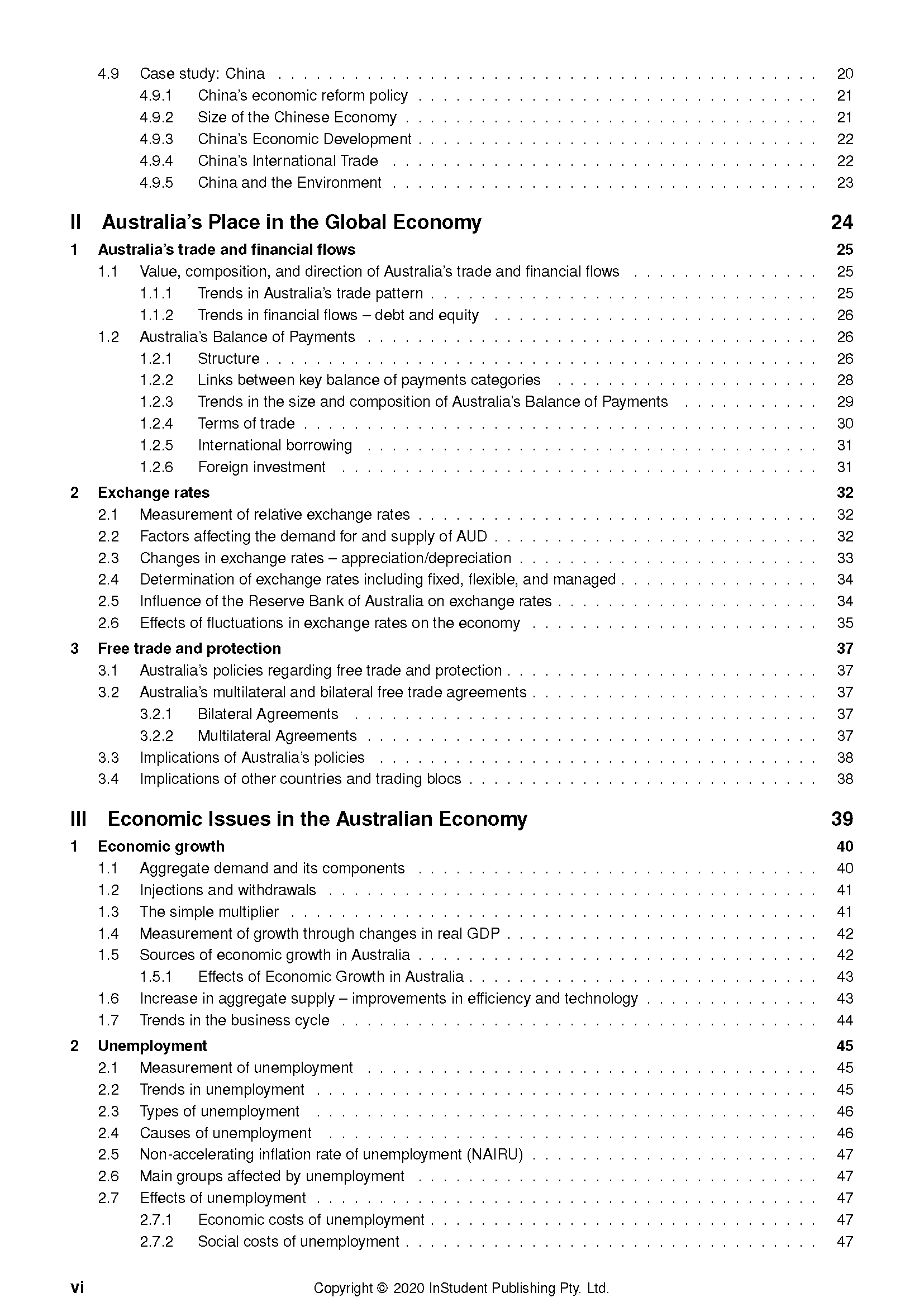 Complete Economics Course Notes by ATAR Notes, displaying a detailed table of contents with chapter titles and page numbers.