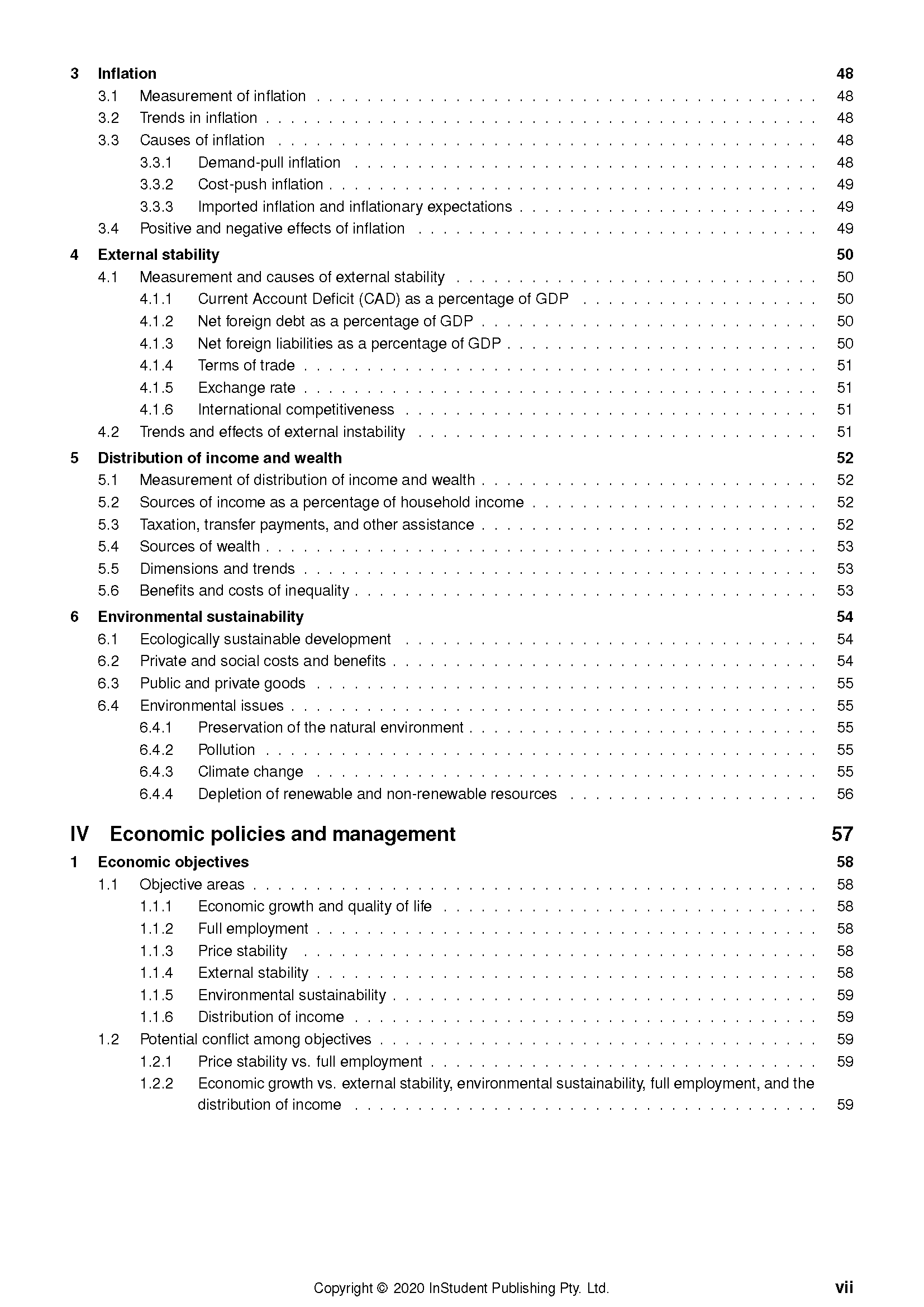 HSC Year 12 Economics Course Notes by ATAR Notes, showing a detailed table of contents with section headings and page numbers.