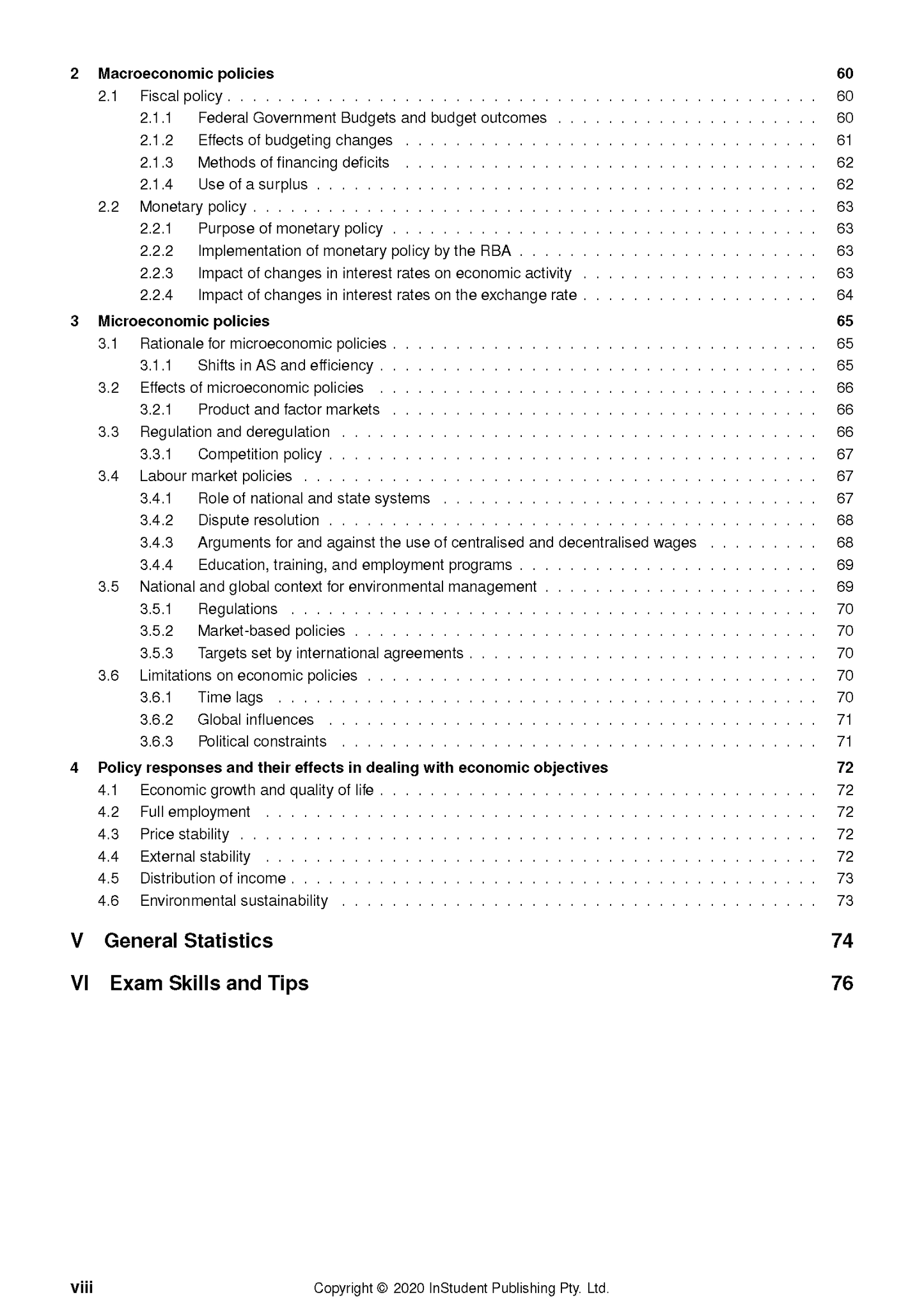 Economics Course Notes by ATAR Notes, a white page displaying a detailed table of contents.