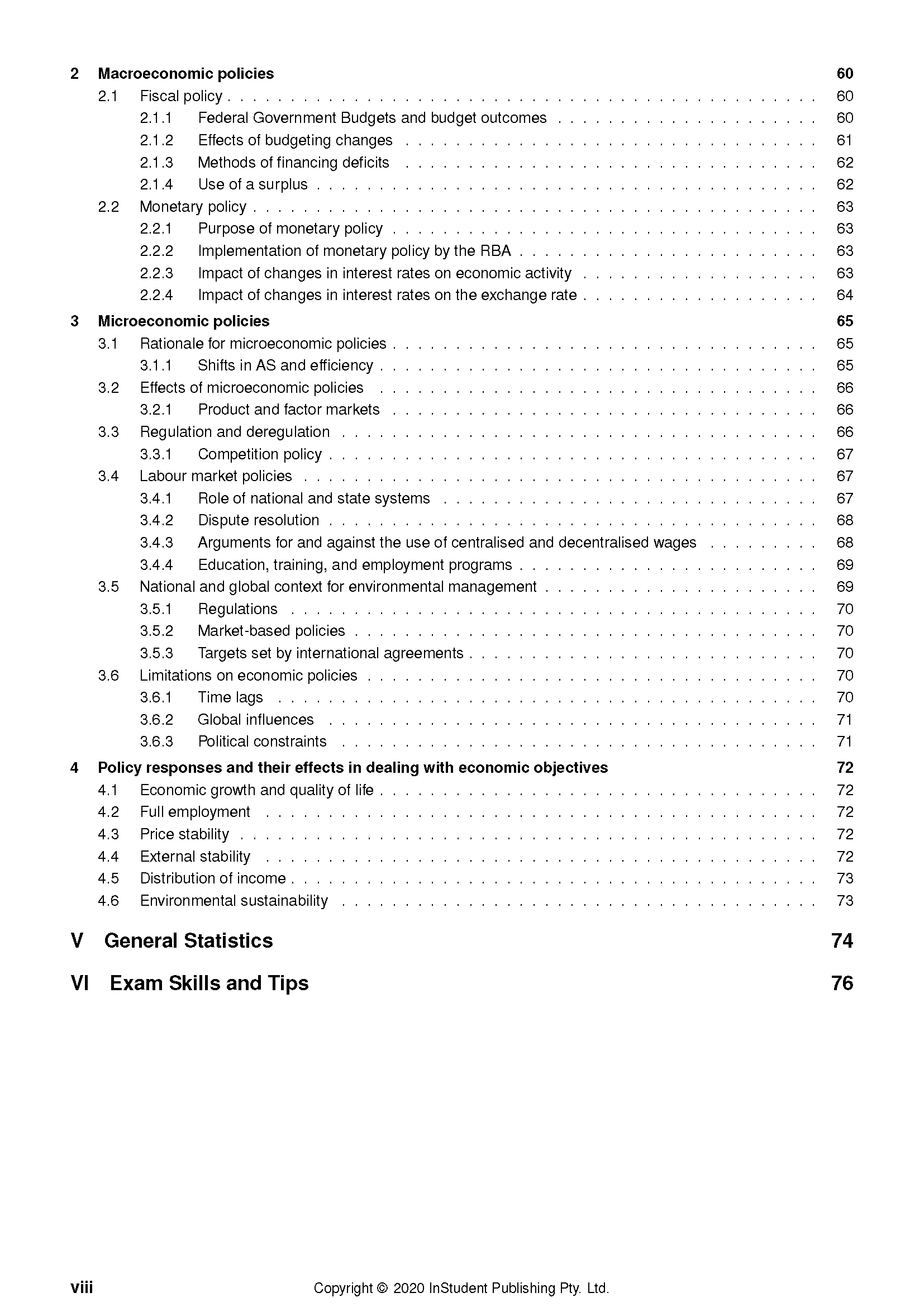 Economics Course Notes by ATAR Notes, a white page displaying a detailed table of contents.