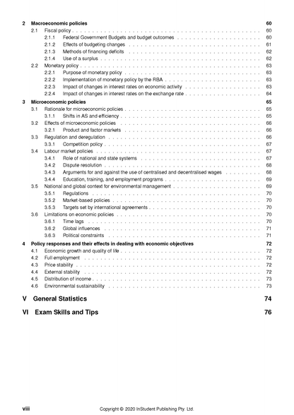 Economics Course Notes by ATAR Notes, a white page displaying a detailed table of contents.