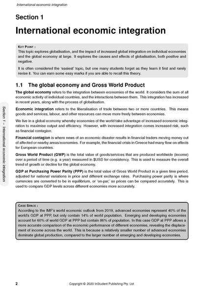 HSC Year 12 Economics Course Notes by ATAR Notes, displaying a page about global economic integration with definitions and shaded key point sections.