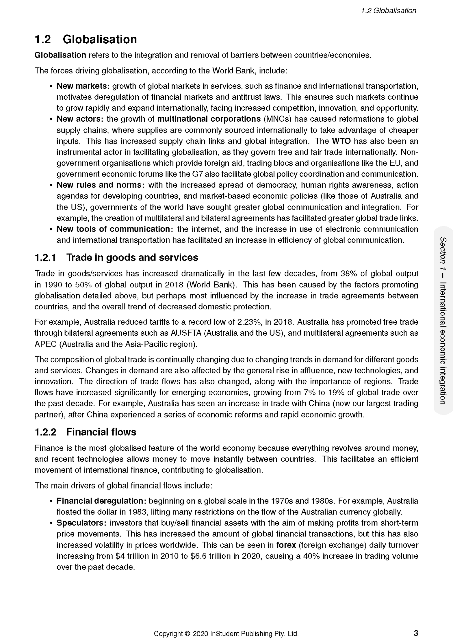 Economics Course Notes page by ATAR Notes detailing globalisation, trade, and financial flows, with page number 3.
