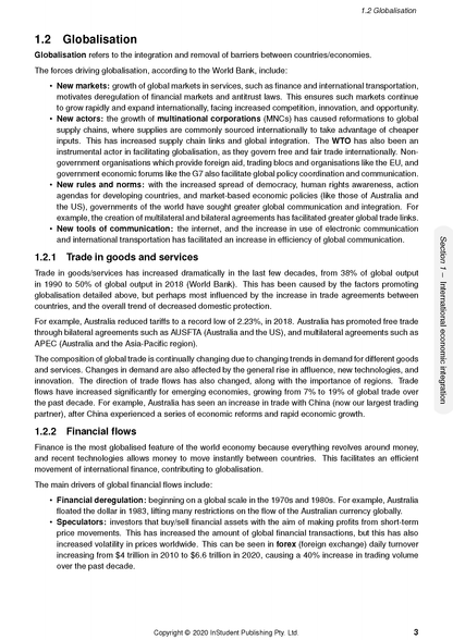 Economics Course Notes page by ATAR Notes detailing globalisation, trade, and financial flows, with page number 3.