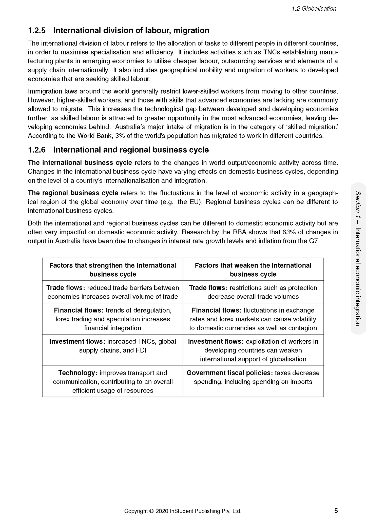 Economics course notes by ATAR Notes, displaying a page with text about international economics and a table of business cycle factors.