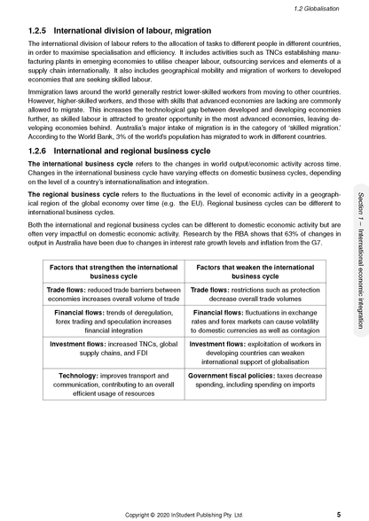 Economics course notes by ATAR Notes, displaying a page with text about international economics and a table of business cycle factors.