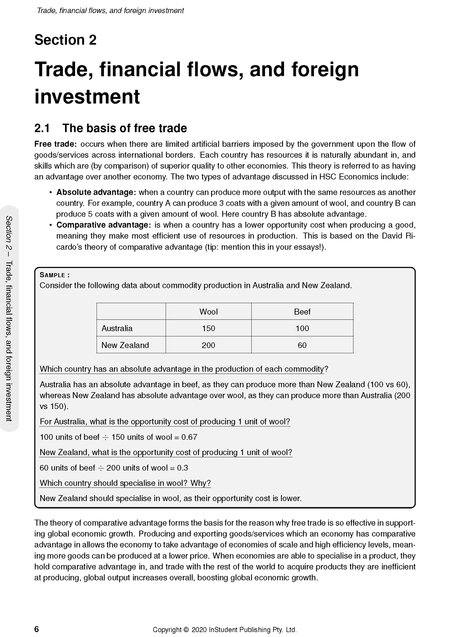 HSC Year 12 Economics Course Notes by ATAR Notes, displaying a page on free trade, absolute and comparative advantage, with a production data table.