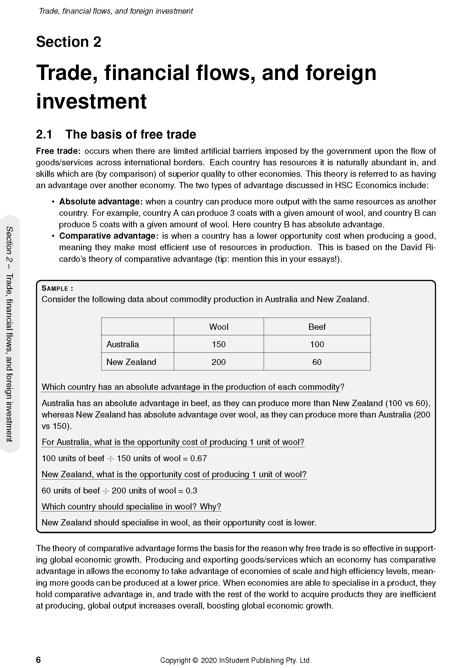 HSC Year 12 Economics Course Notes by ATAR Notes, displaying a page on free trade, absolute and comparative advantage, with a production data table.