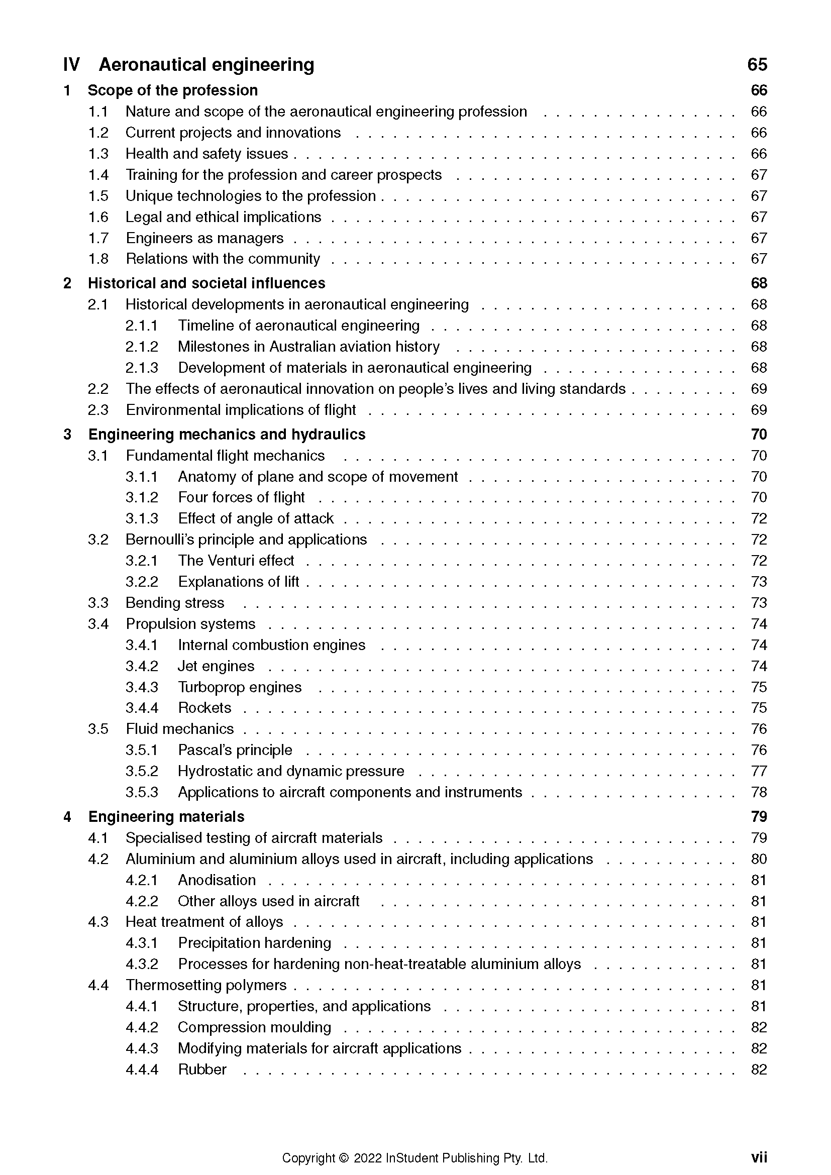 Table of contents from Year 12 Engineering Studies Course Notes by ATAR Notes, listing sections on aeronautical engineering and materials.