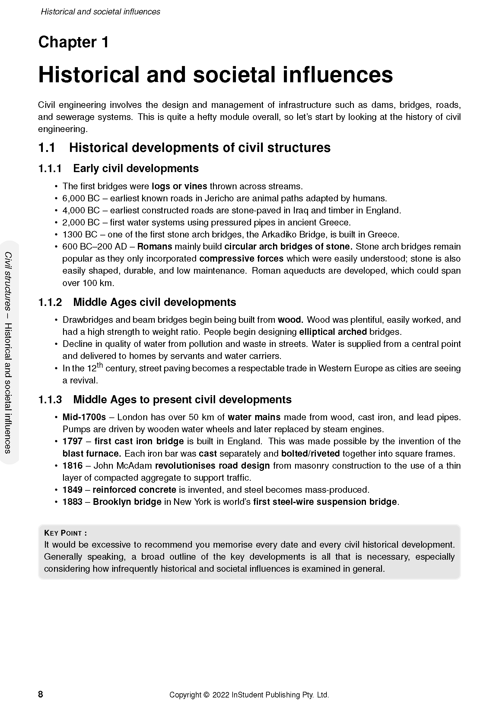 HSC Engineering Studies Course Notes by ATAR Notes, page 8 outlining historical and societal influences on civil structures.