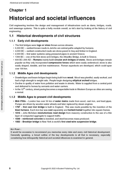 HSC Engineering Studies Course Notes by ATAR Notes, page 8 outlining historical and societal influences on civil structures.