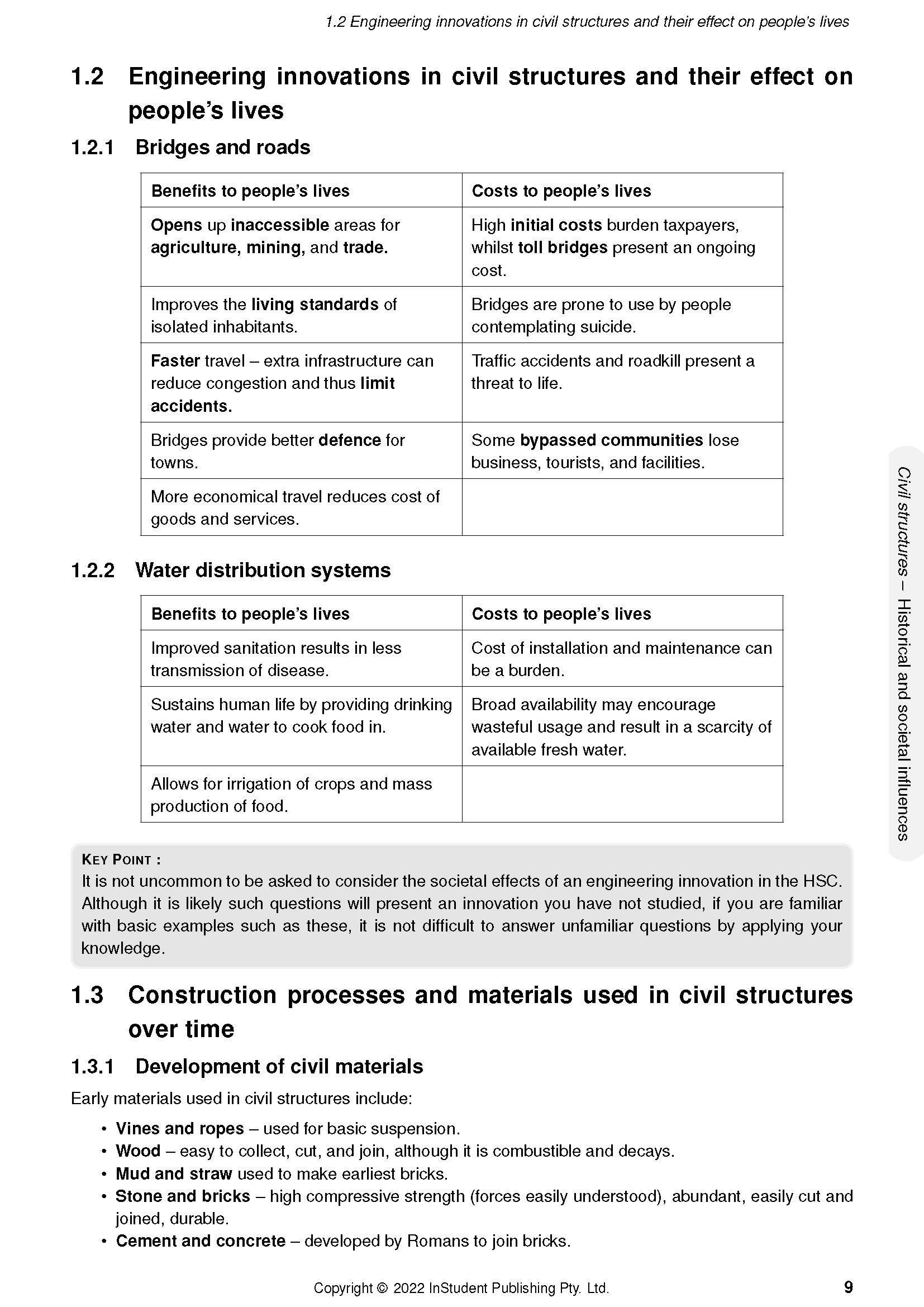 Engineering Studies Course Notes by ATAR Notes, showing a page detailing civil structures, benefits, and costs with tables and headings.