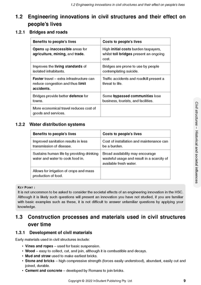 Engineering Studies Course Notes by ATAR Notes, showing a page detailing civil structures, benefits, and costs with tables and headings.