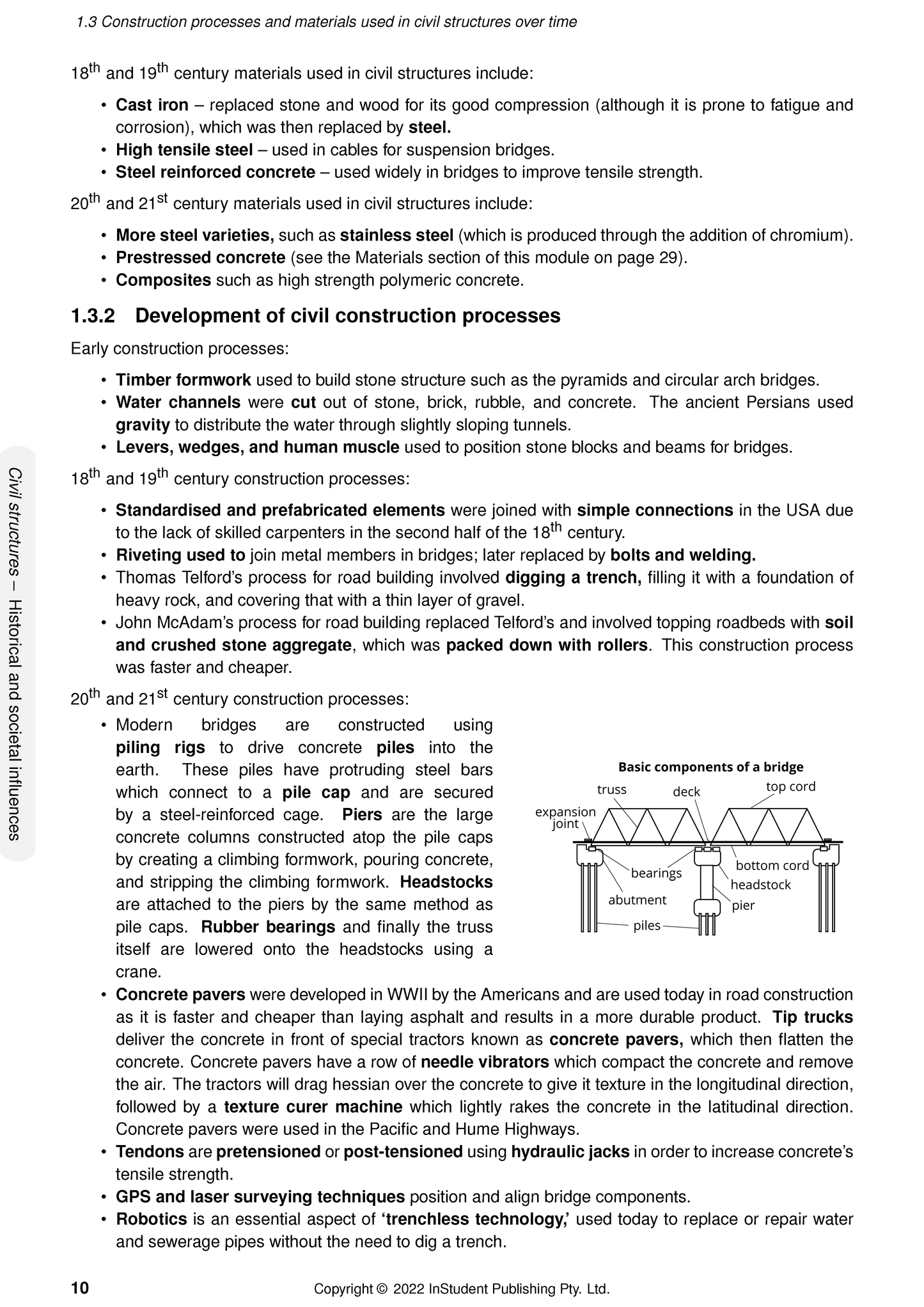 Course notes by ATAR Notes detailing construction materials and processes, with a bridge component diagram on page 10.