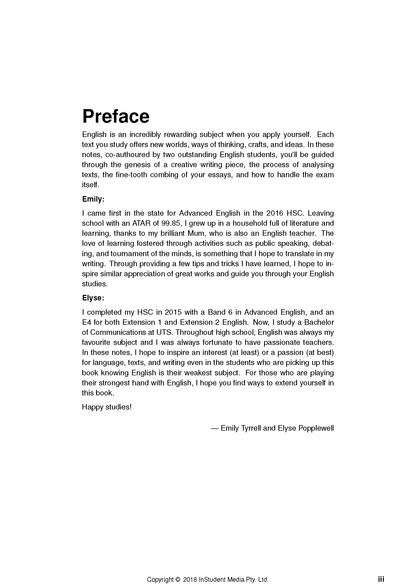 English Advanced Course Notes by ATAR Notes, displaying the preface page with black text on a white background.