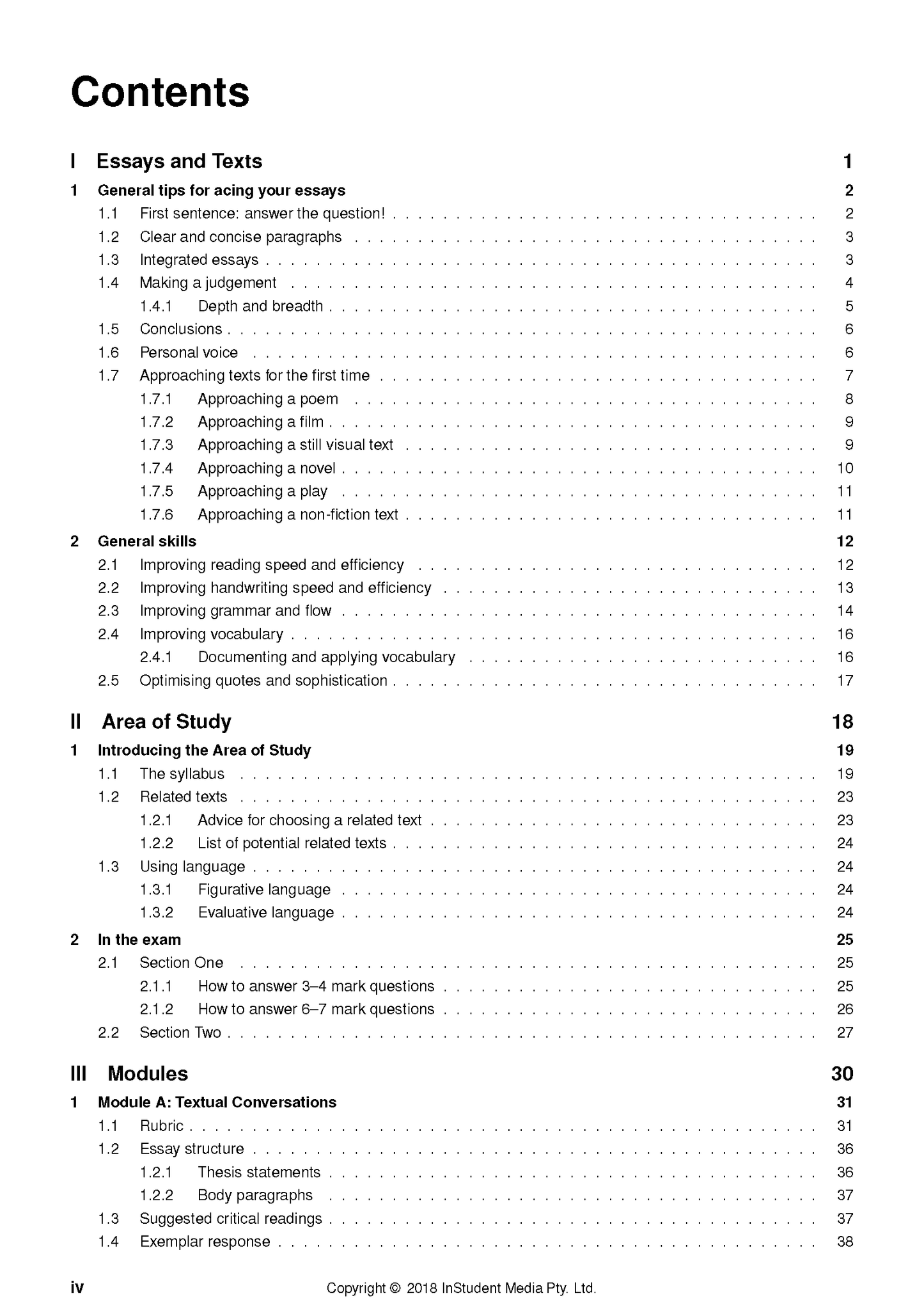 White course notes by ATAR Notes, displaying the table of contents page with sections 'Essays and Texts' and 'Modules'.