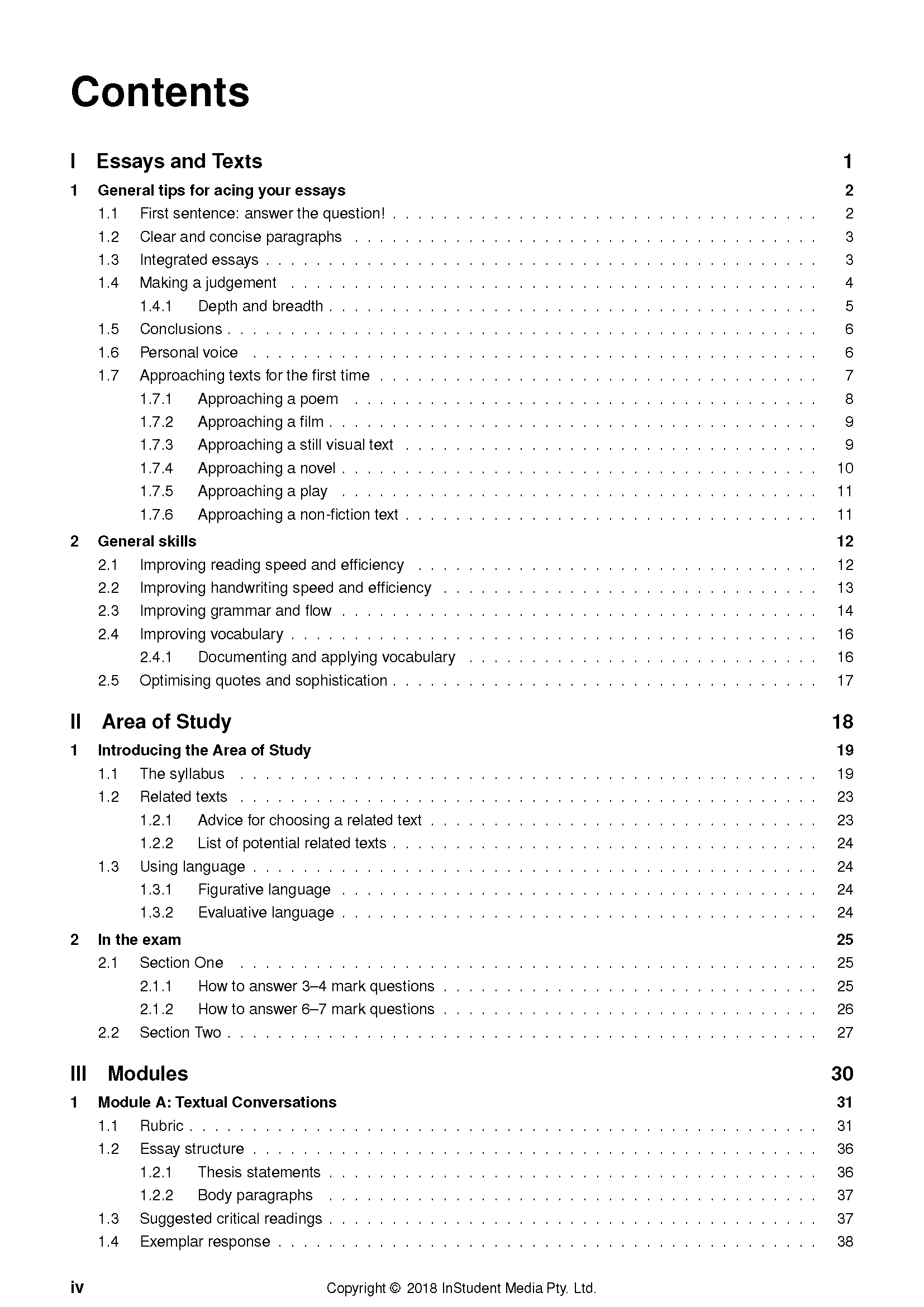 White course notes by ATAR Notes, displaying the table of contents page with sections 'Essays and Texts' and 'Modules'.