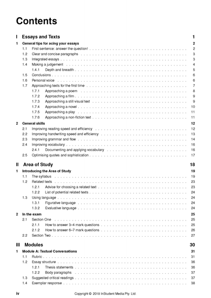 White course notes by ATAR Notes, displaying the table of contents page with sections 'Essays and Texts' and 'Modules'.