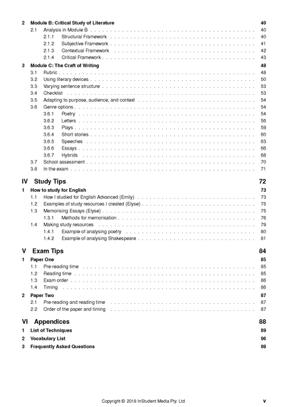 English Advanced Course Notes by ATAR Notes, displaying a table of contents page with sections and page numbers.