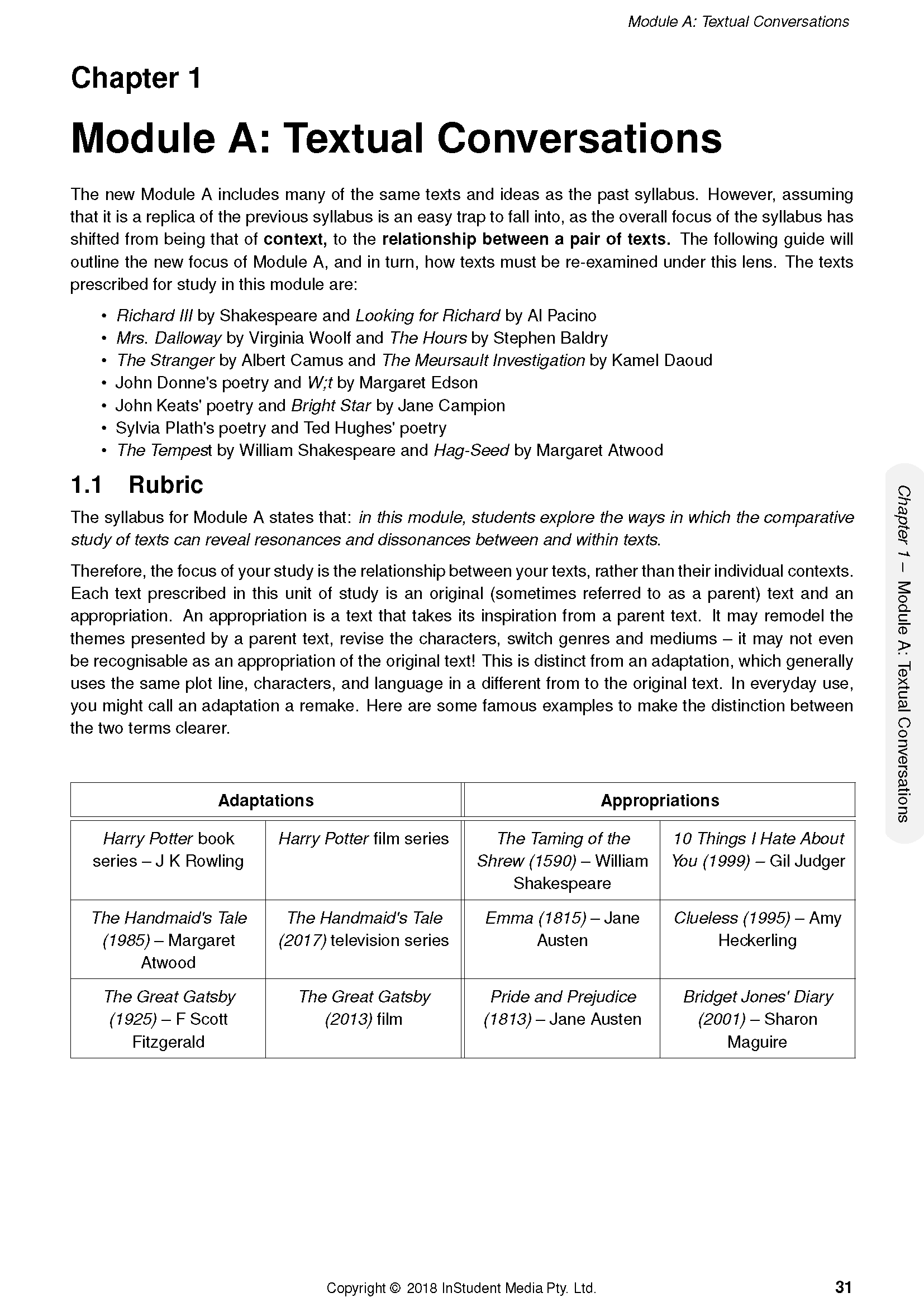 English Advanced HSC Year 12 Course Notes by ATAR Notes, showing a printed page with "Textual Conversations" chapter and examples table.