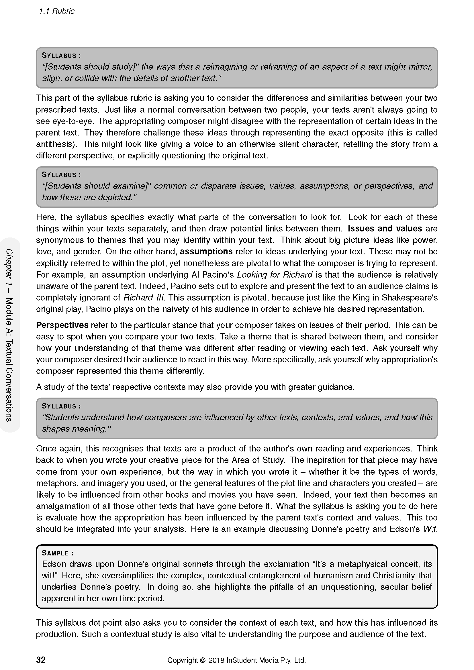 English Advanced Complete Course Notes by ATAR Notes, showing a white page with black text, grey syllabus boxes, and page number 32.