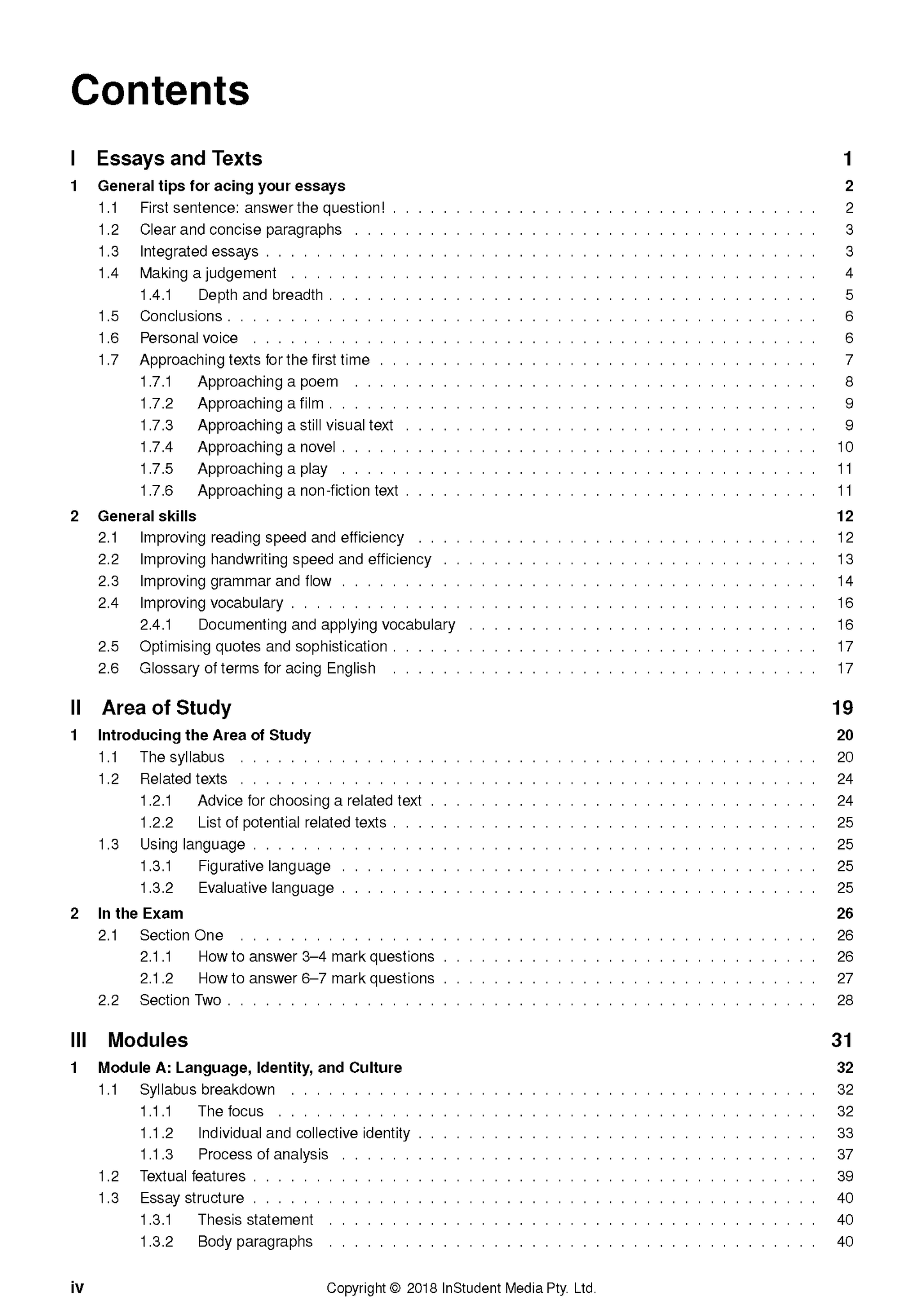 White page of course notes by ATAR Notes, displaying a detailed table of contents for English topics with page numbers.
