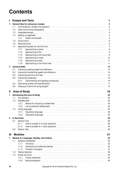 White page of course notes by ATAR Notes, displaying a detailed table of contents for English topics with page numbers.