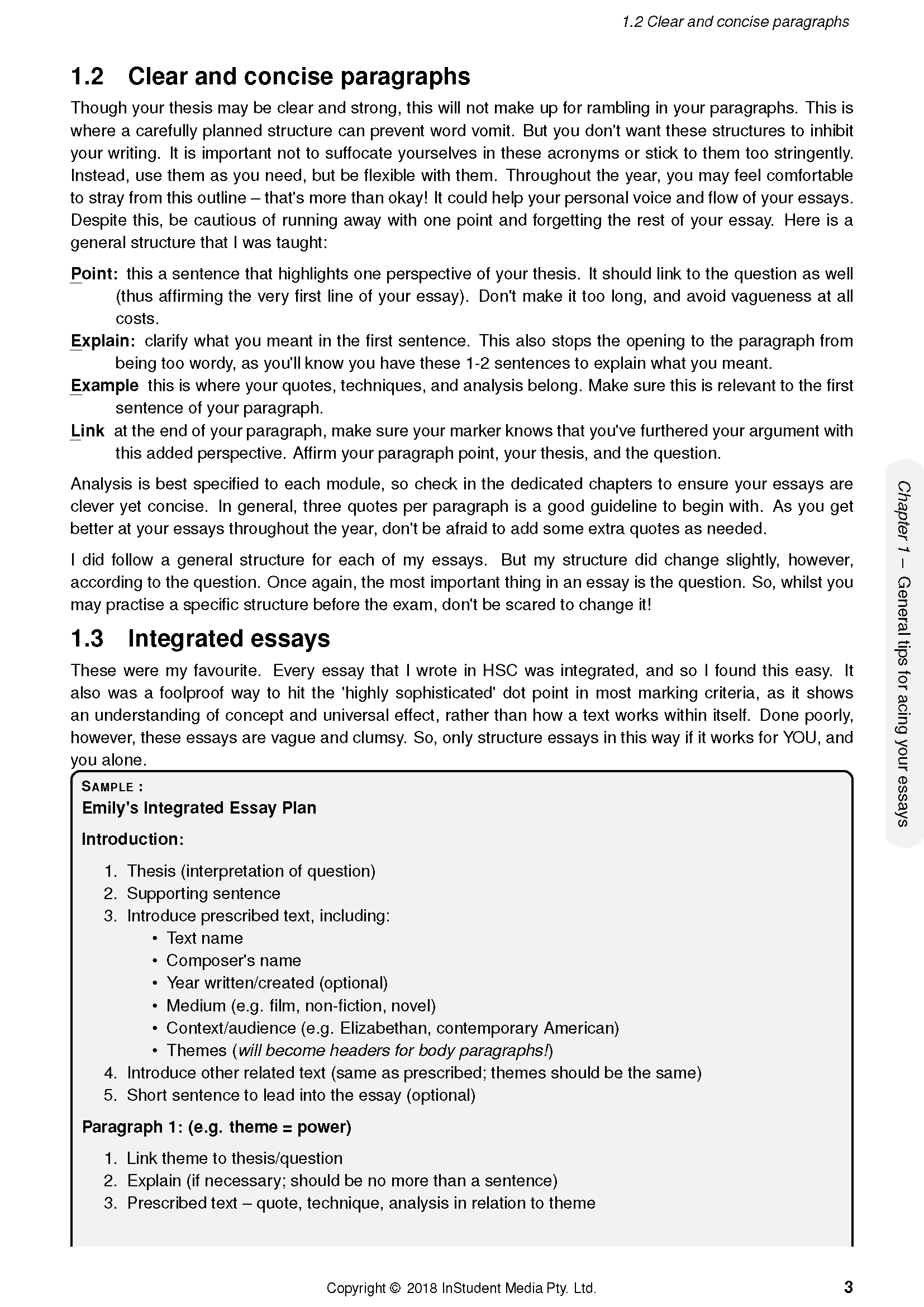 Course notes by ATAR Notes, a white page with black text showing sections on clear paragraphs and integrated essays.