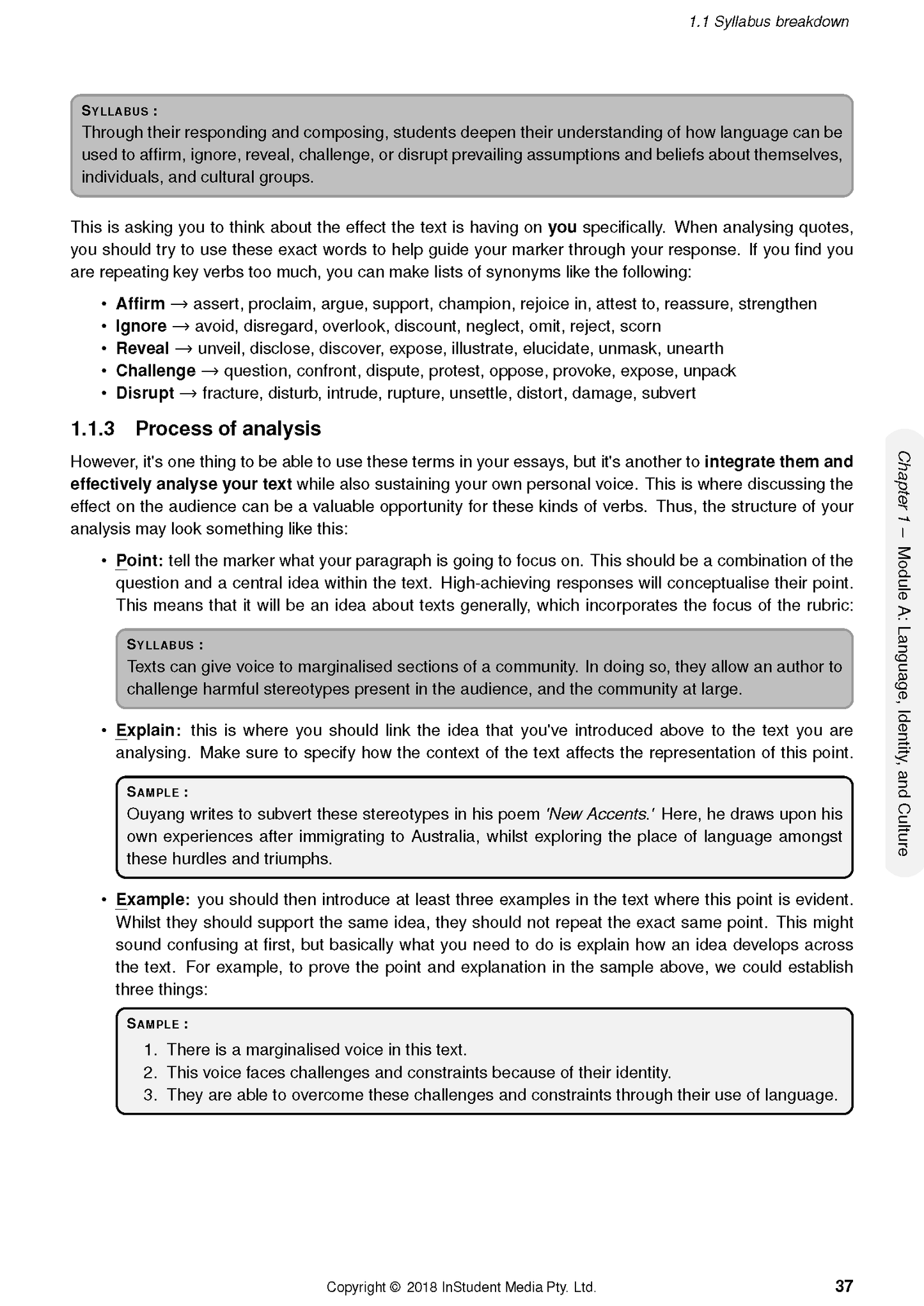 Course Notes page by ATAR Notes detailing syllabus breakdown, analysis process, and examples with formatted text.