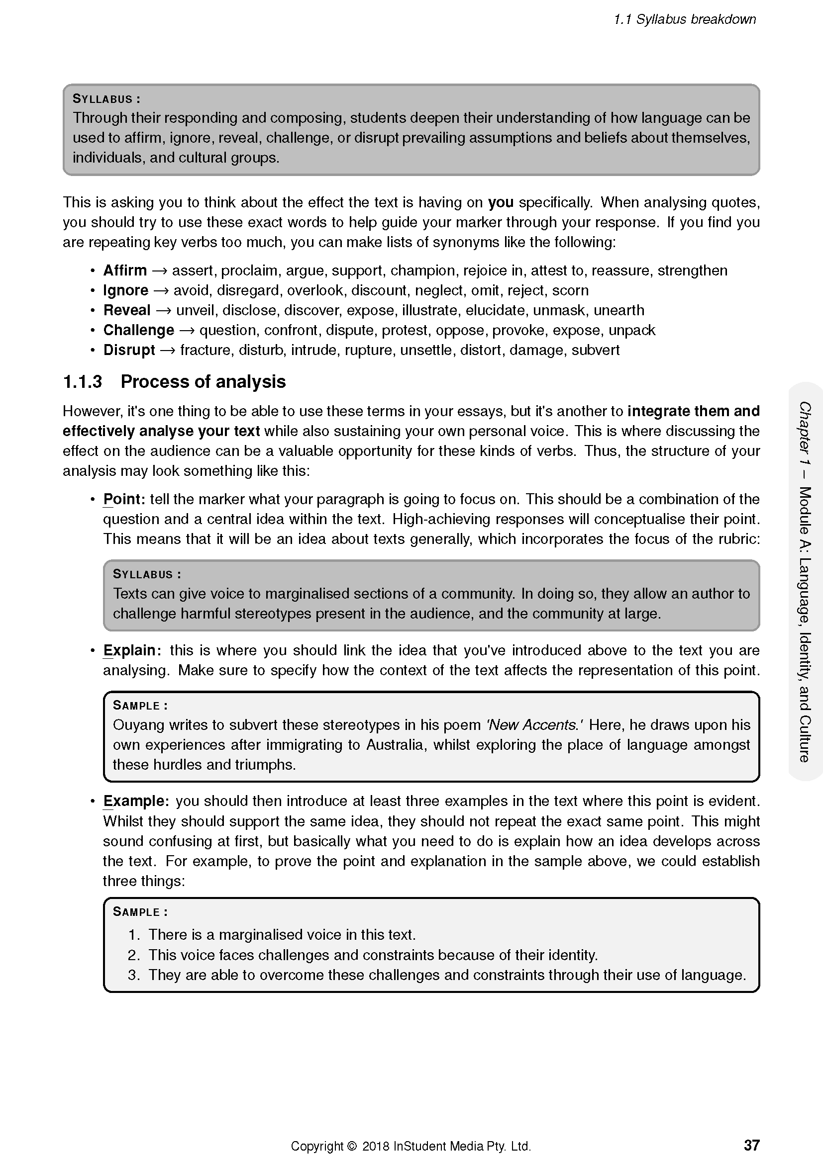 Course Notes page by ATAR Notes detailing syllabus breakdown, analysis process, and examples with formatted text.