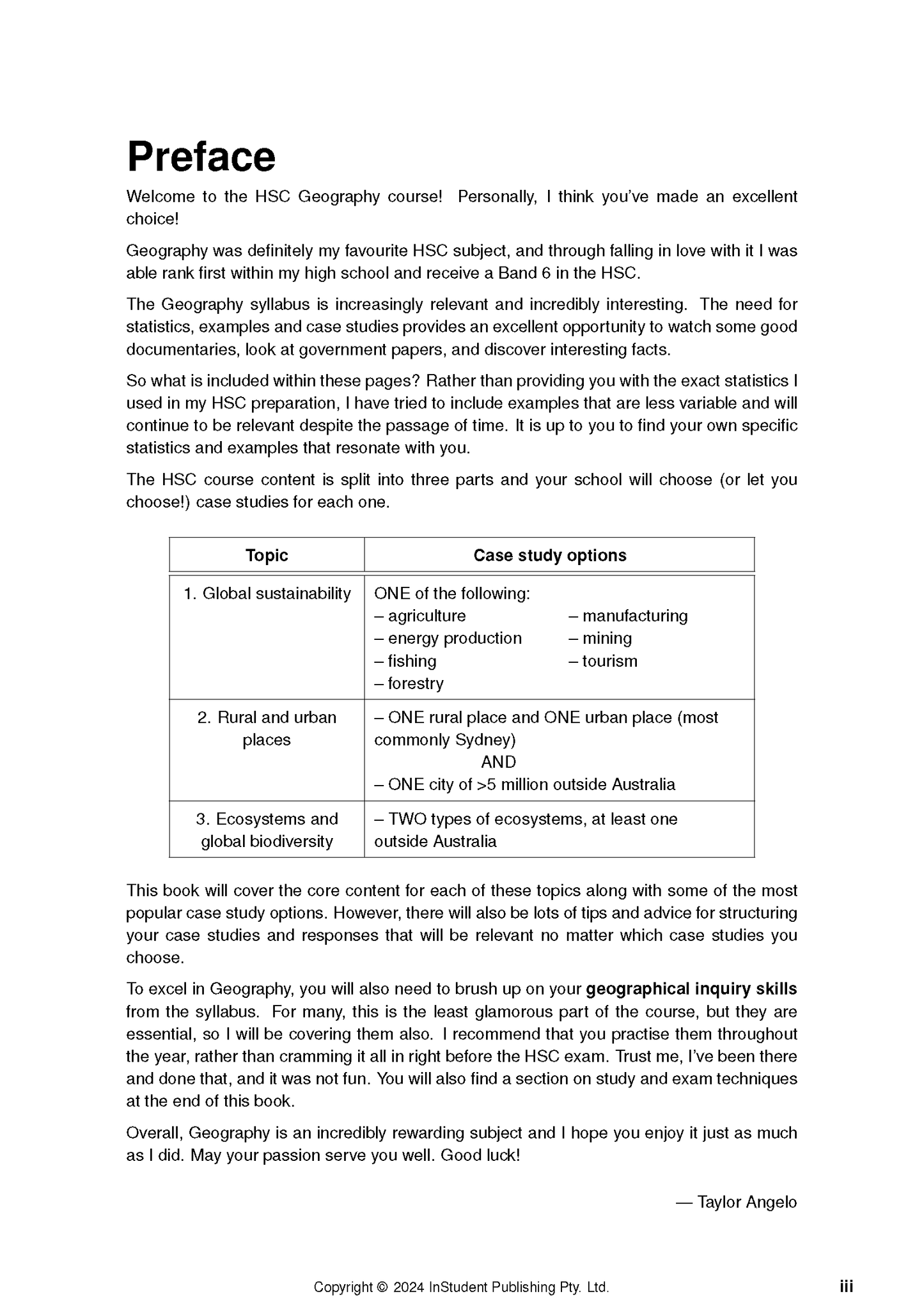 Geography course notes page by ATAR Notes, showing the 'Preface' section and a table of study topics.