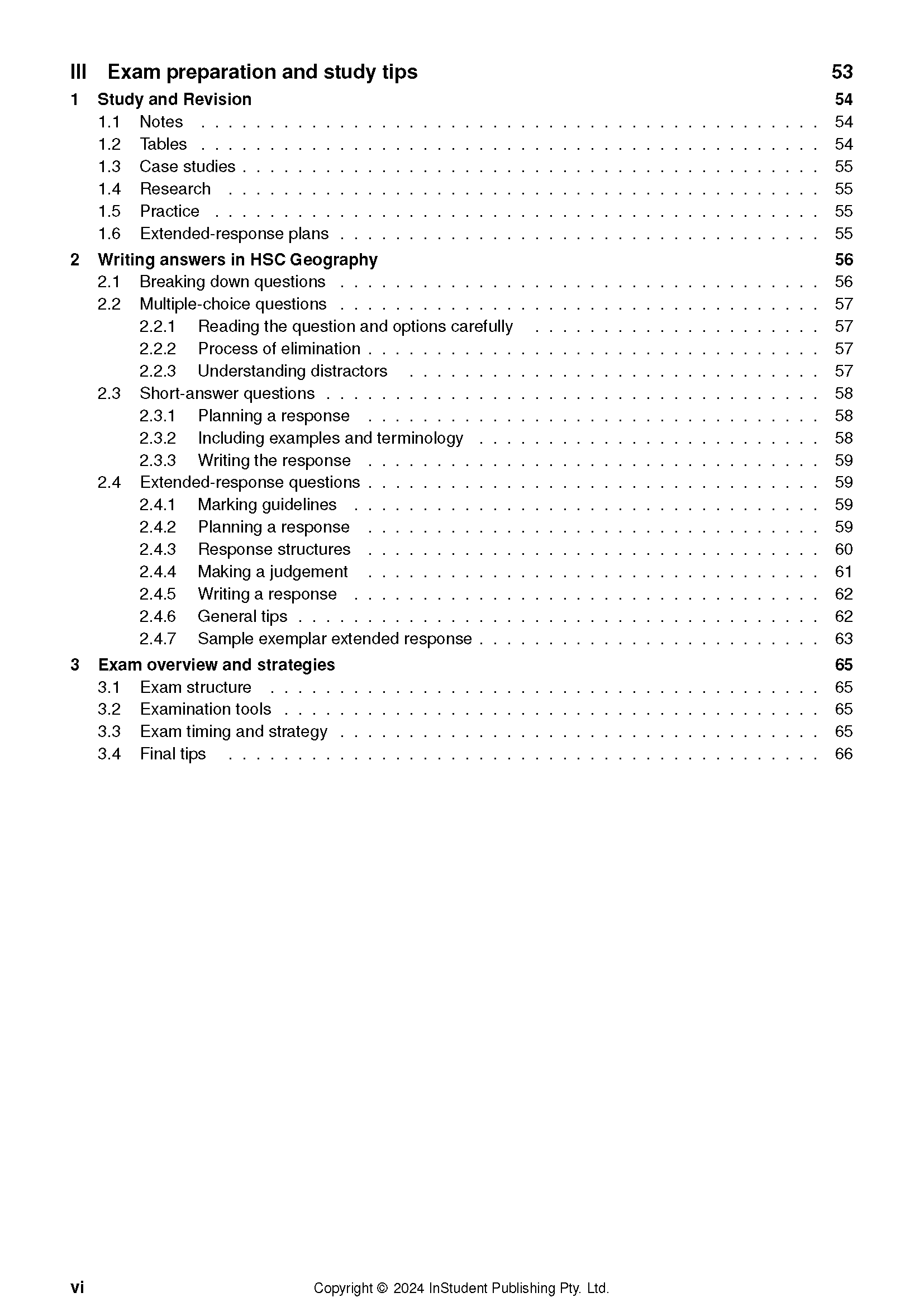 Course notes by ATAR Notes, showing a table of contents page with exam preparation tips and page numbers.
