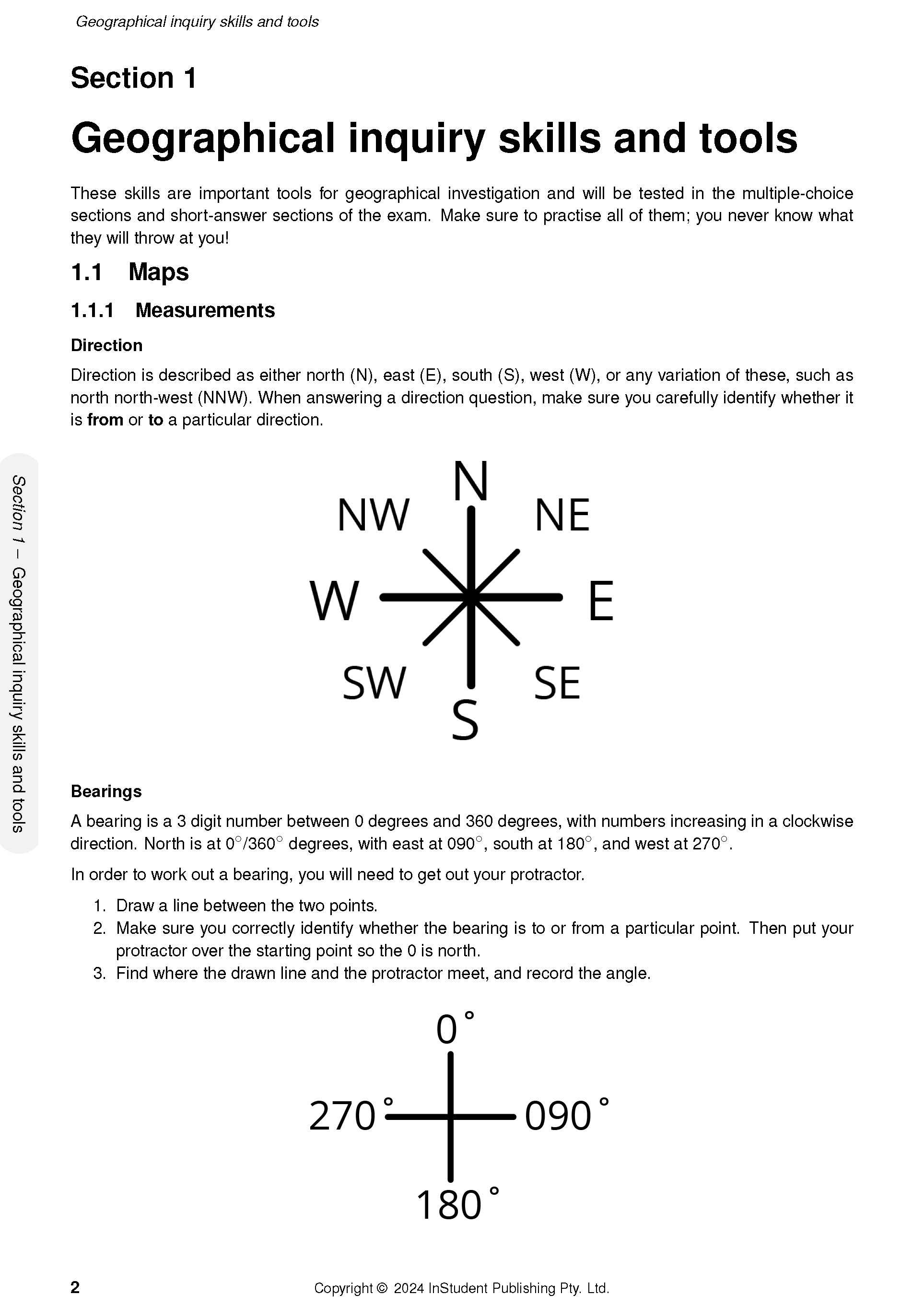 Geography Course Notes page by ATAR Notes showing text and diagrams on inquiry skills with compass and bearing examples.