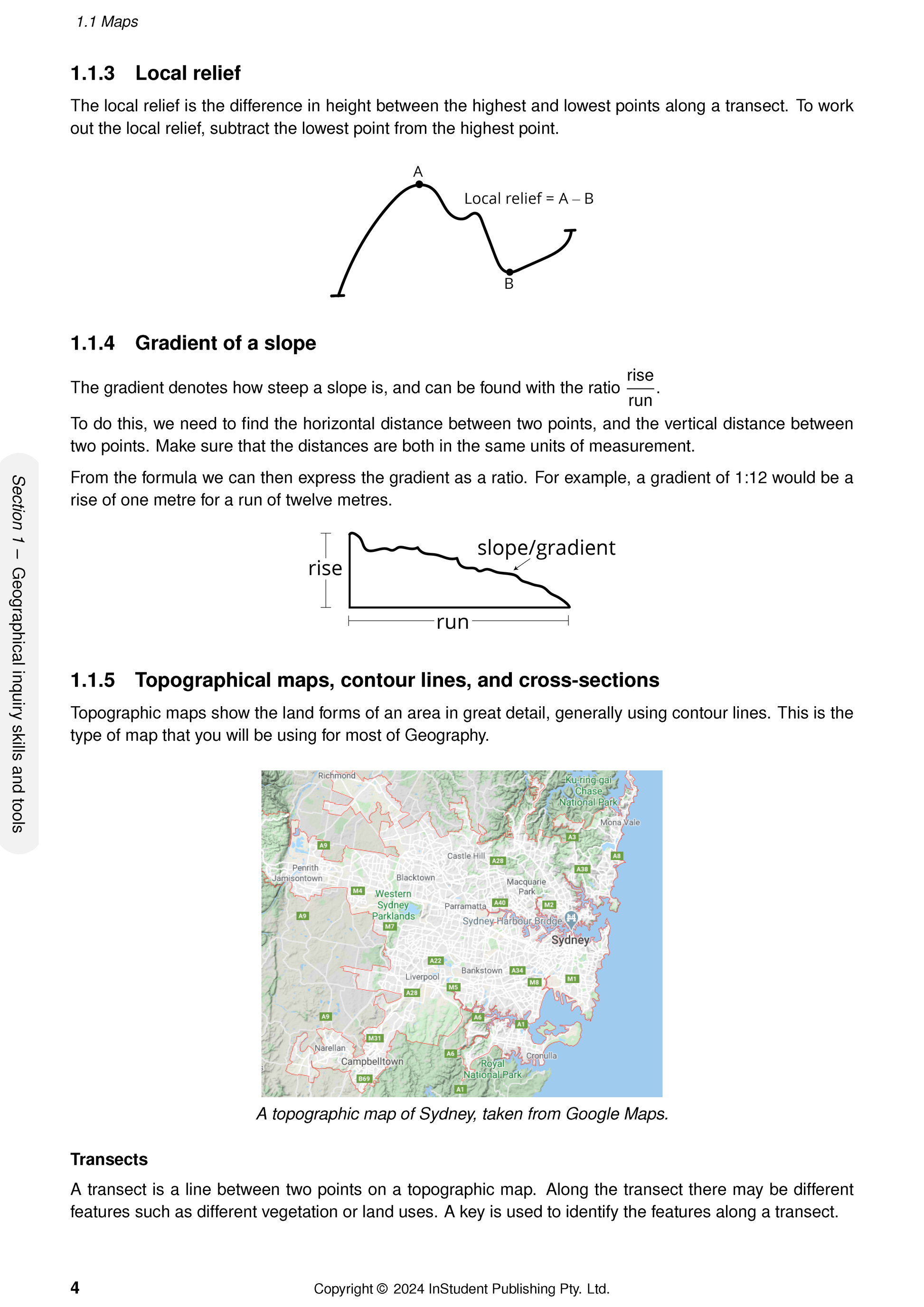 Course notes by ATAR Notes, showing a page with geography concepts, relief diagrams, and a map of Sydney.
