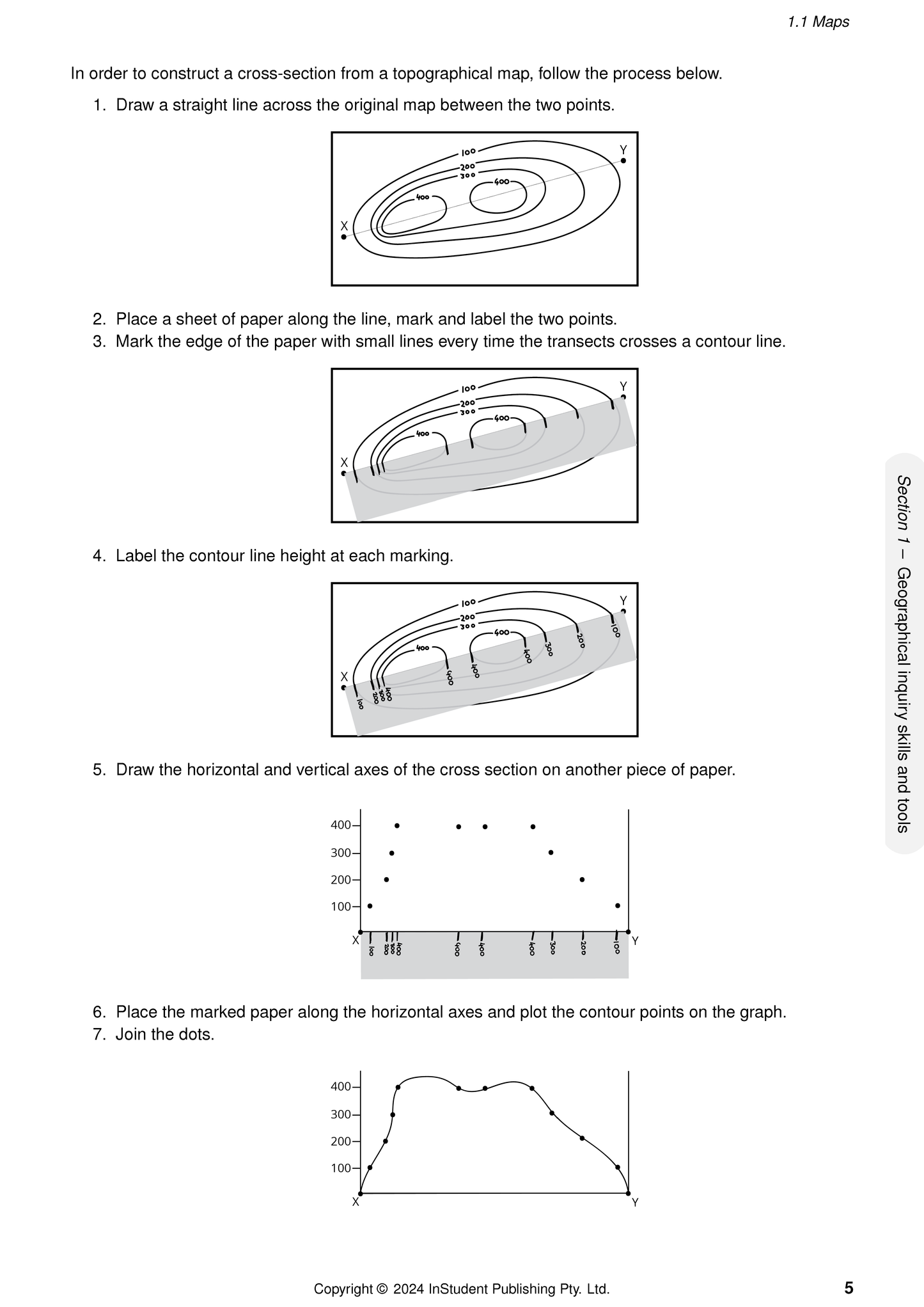 Course Notes by ATAR Notes detailing step-by-step instructions for constructing a topographical map cross-section with diagrams.