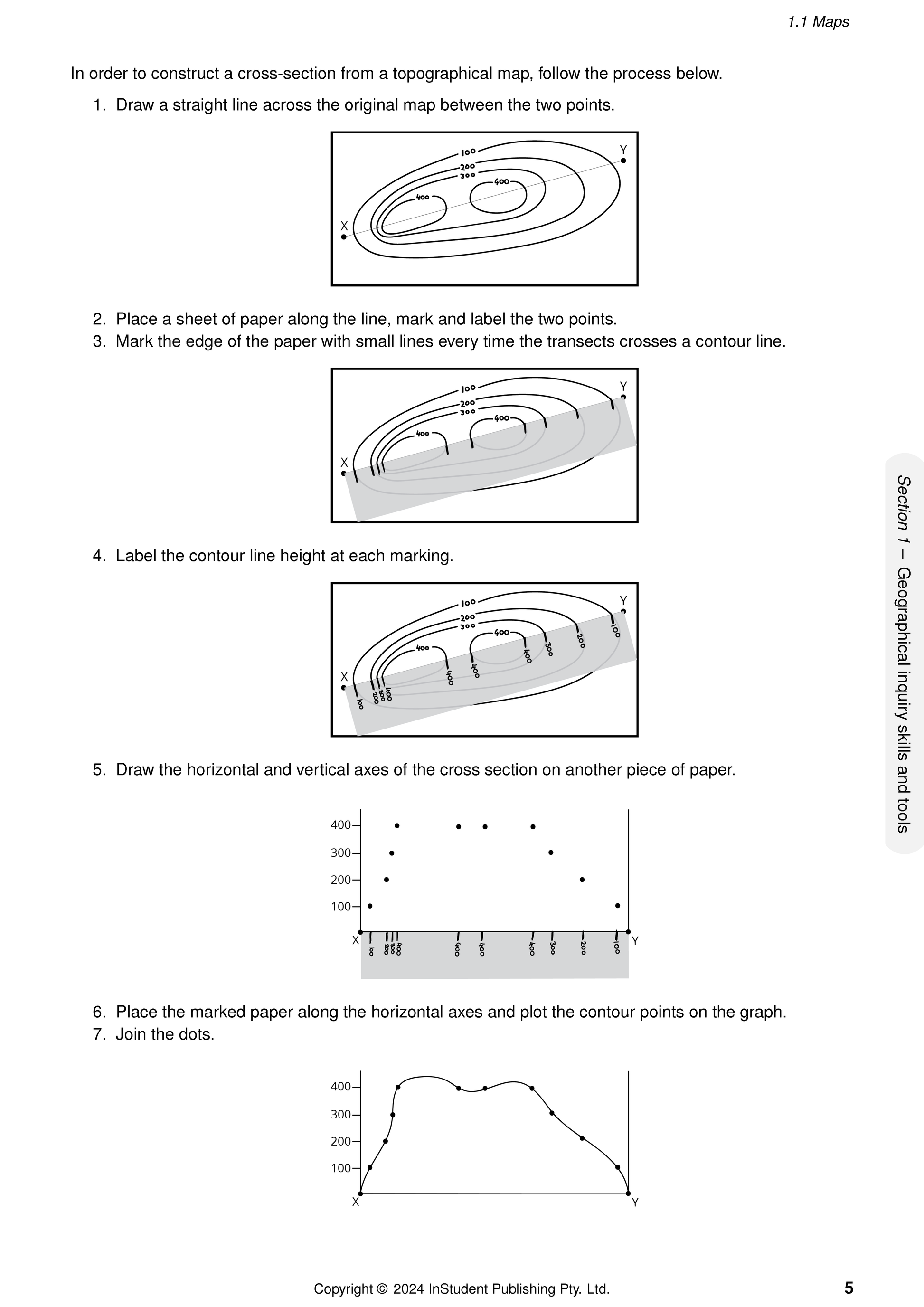 Course Notes by ATAR Notes detailing step-by-step instructions for constructing a topographical map cross-section with diagrams.