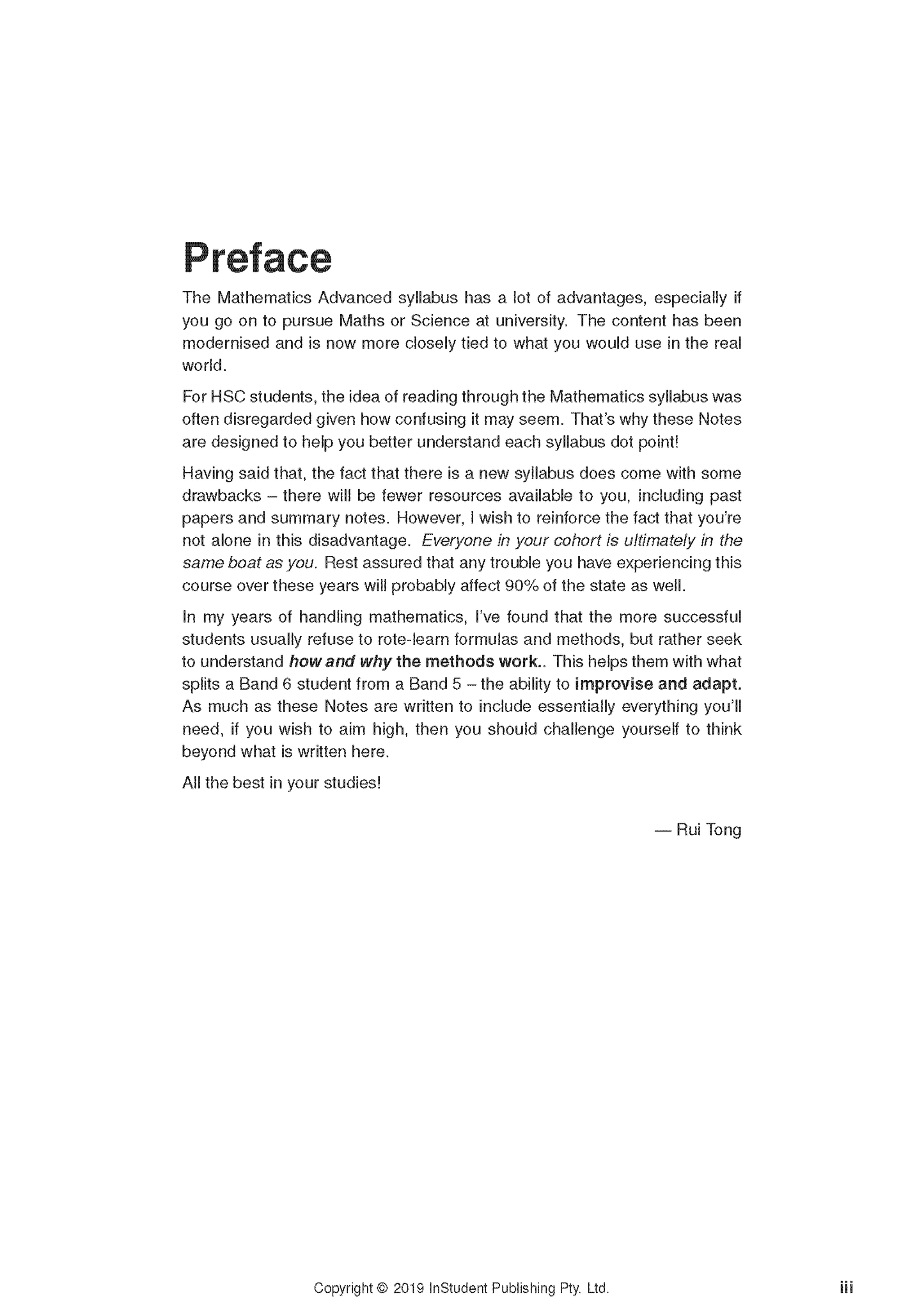 Page from Course Notes by ATAR Notes displaying the Preface section with black text, copyright, and page number 'iii'.