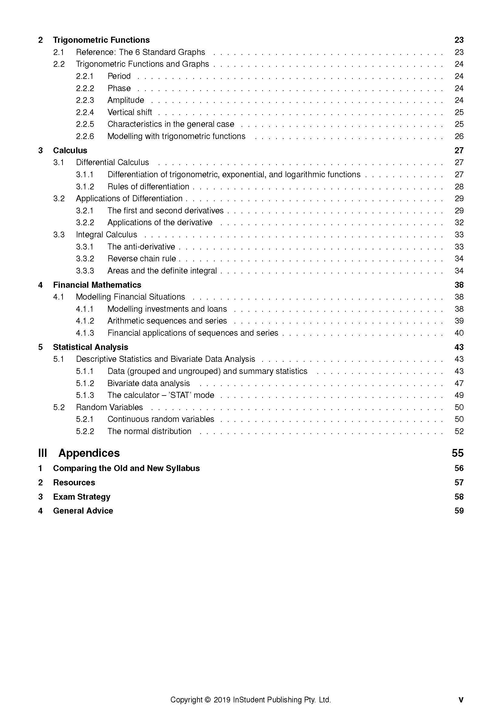 HSC Year 12 Mathematics Advanced Complete Course Notes table of contents by ATAR Notes, showing topics like Trigonometric Functions, Calculus, and Statistical Analysis with page numbers.
