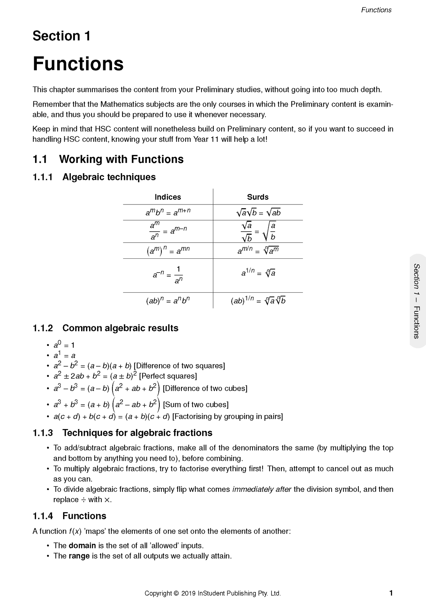 Mathematics Advanced Course Notes for Year 12 by ATAR Notes, displaying algebraic functions, indices, and surds on a white page.