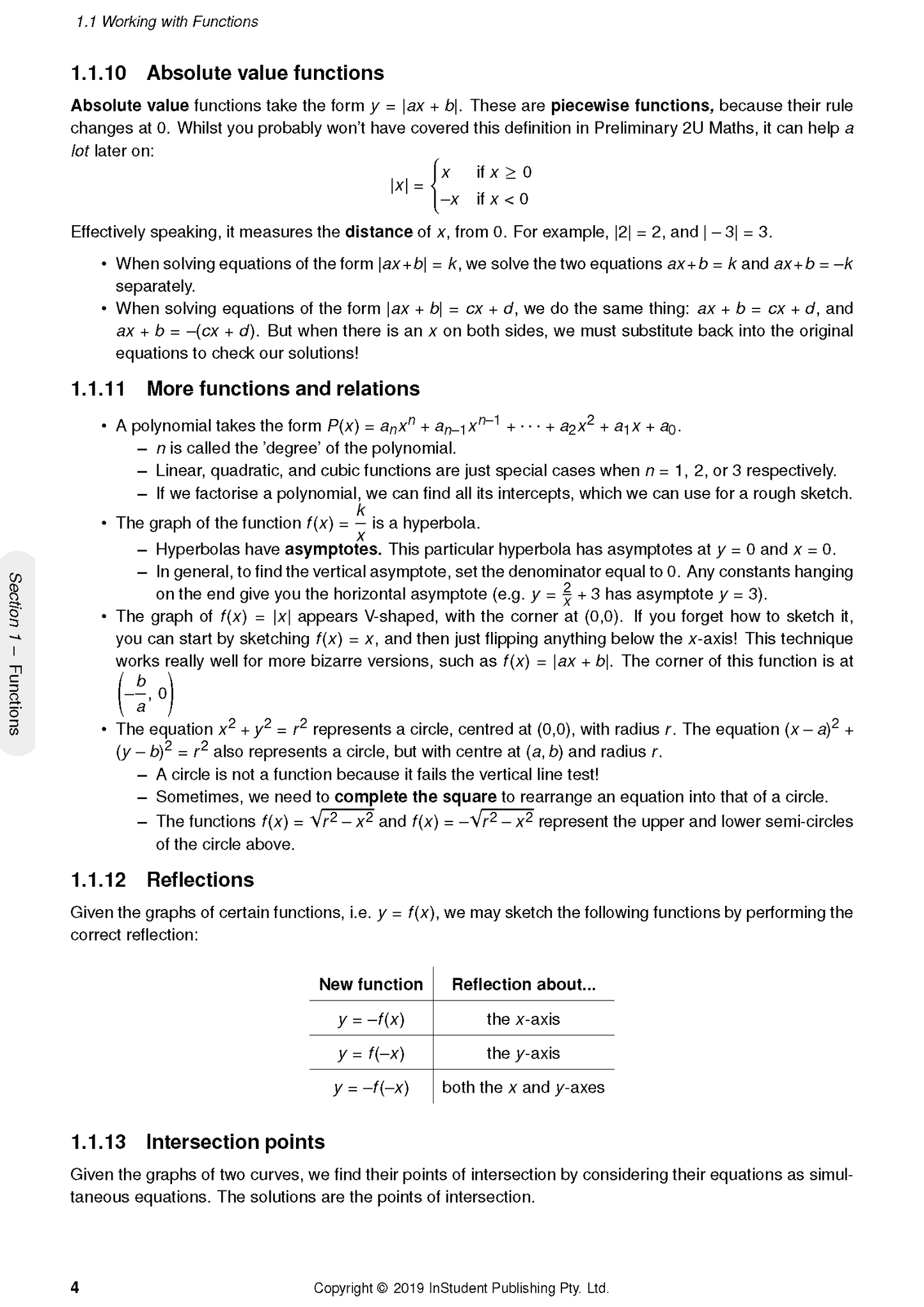 White page of mathematical course notes from ATAR Notes, displaying equations, definitions, and a table on reflections.