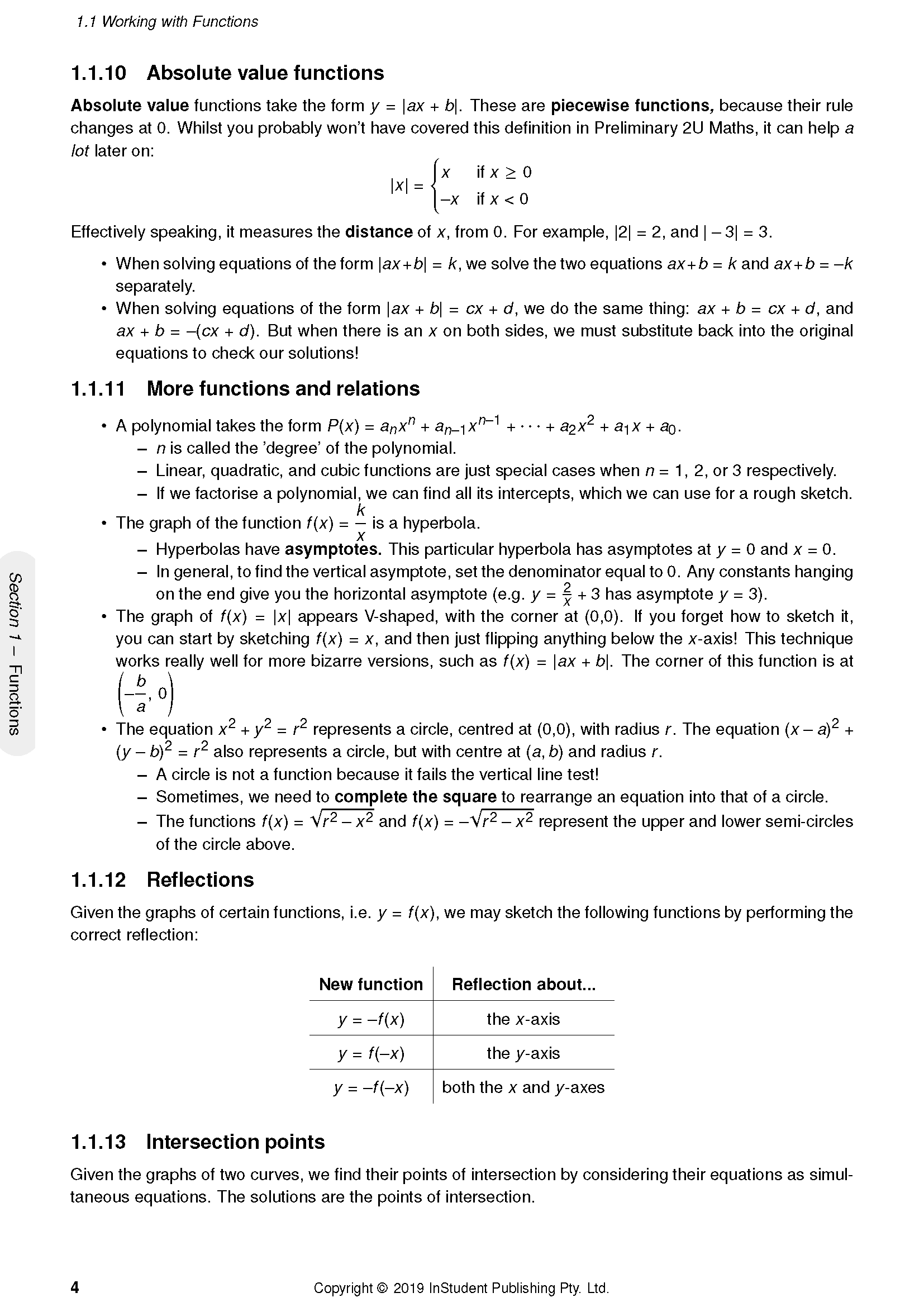 White page of mathematical course notes from ATAR Notes, displaying equations, definitions, and a table on reflections.