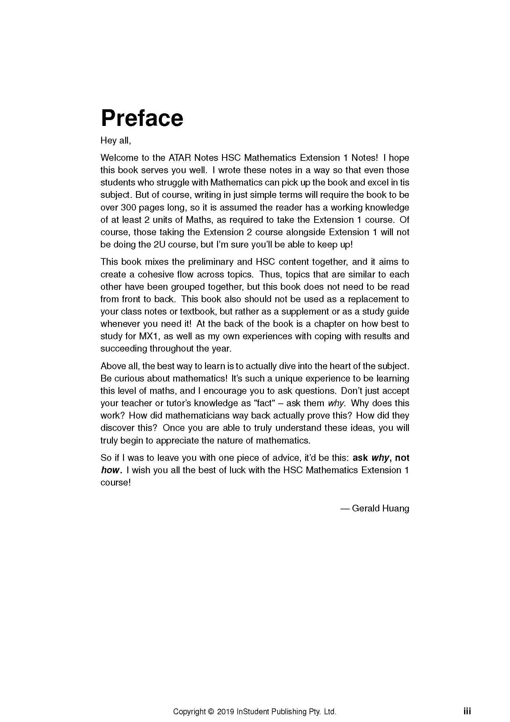 Mathematics Extension 1 course notes page by ATAR Notes displaying the Preface section with black text on a white background.