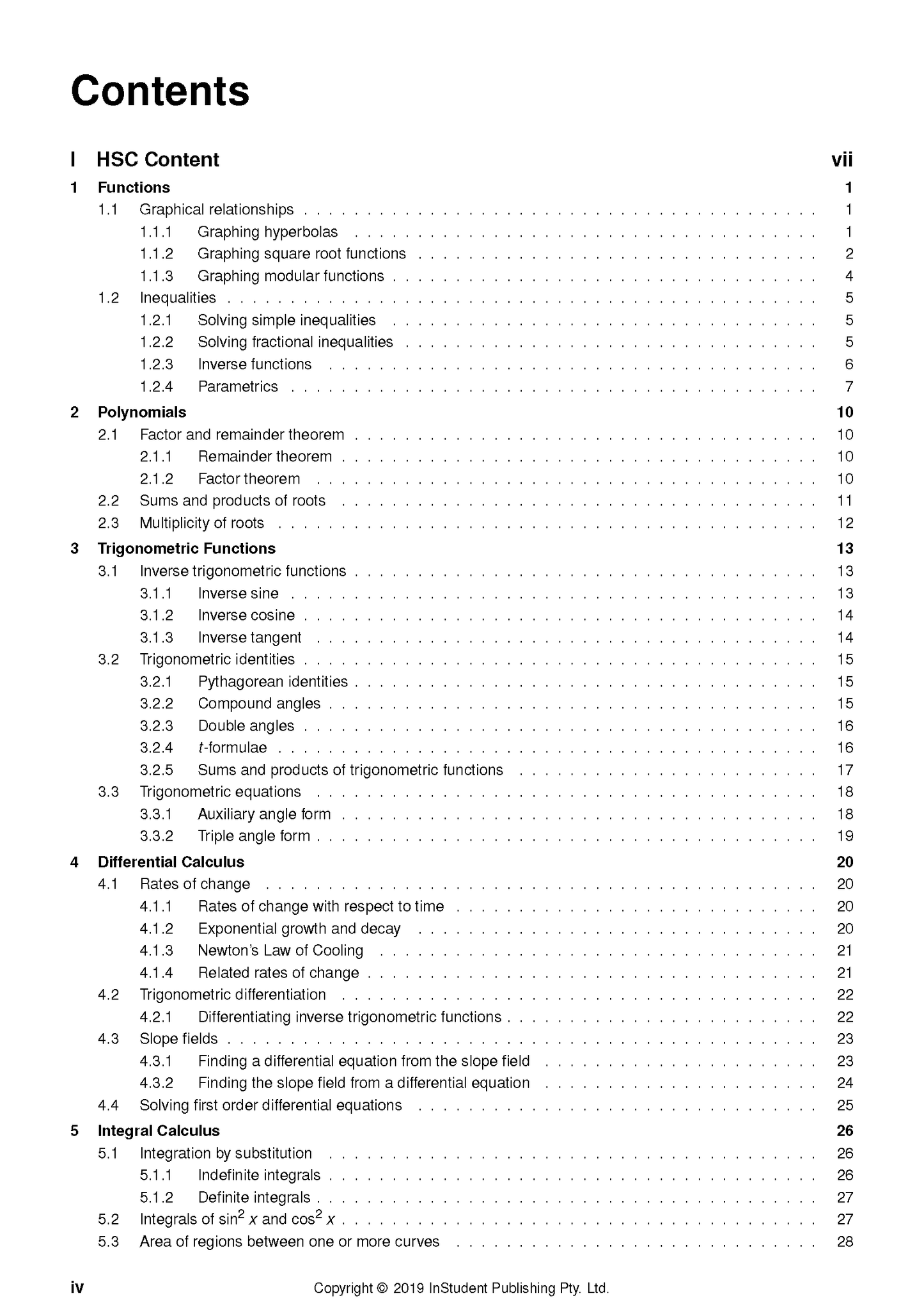 Table of Contents page from HSC Year 12 Mathematics Extension 1 Course Notes by InStudent Publishing Pty. Ltd., displaying black text on a white background.