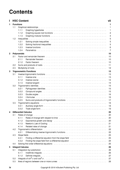Table of Contents page from HSC Year 12 Mathematics Extension 1 Course Notes by InStudent Publishing Pty. Ltd., displaying black text on a white background.