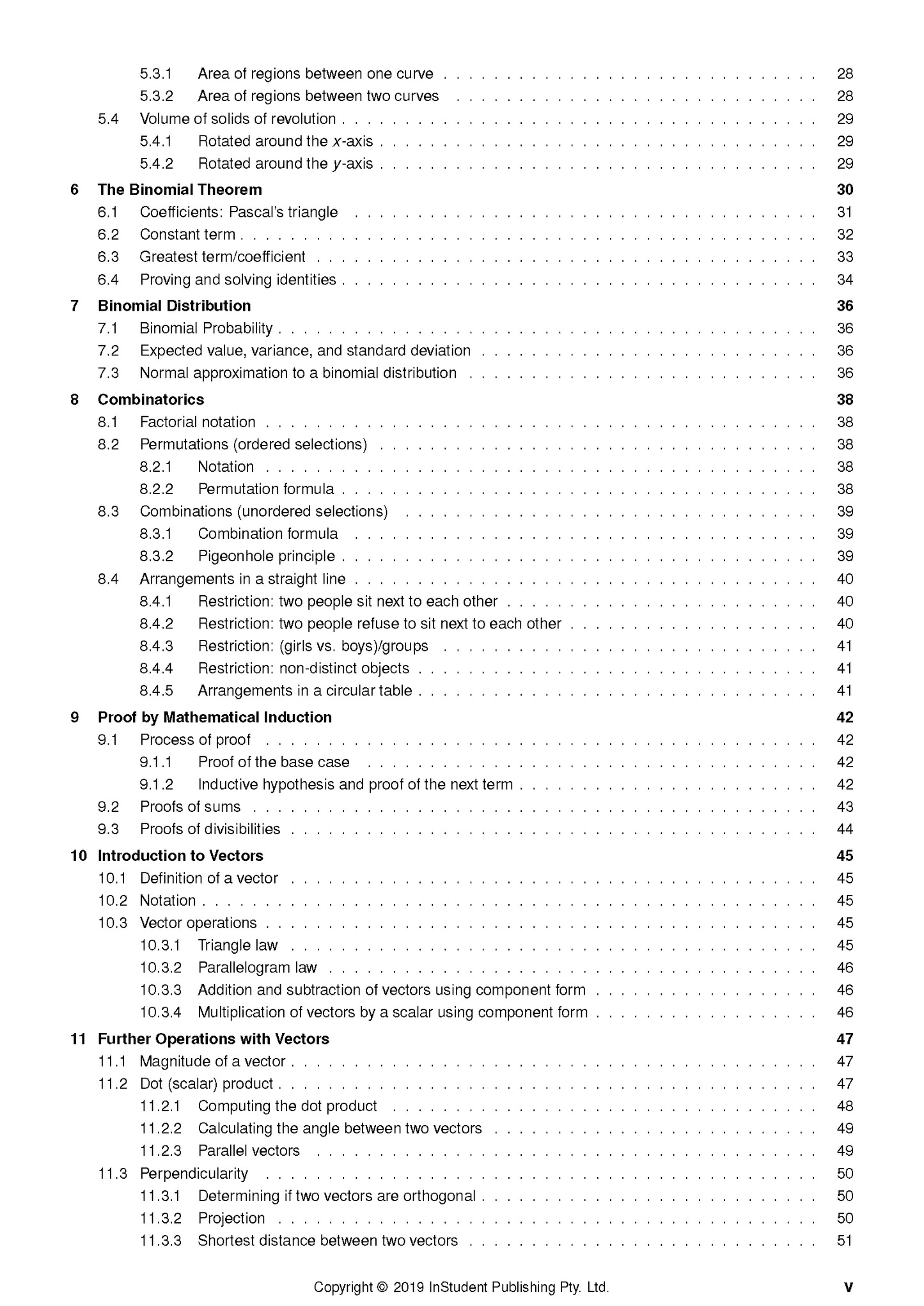 HSC Year 12 Mathematics Extension 1 Course Notes table of contents page by ATAR Notes, with section headings and page numbers.