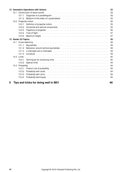 Course Notes by ATAR Notes showing a table of contents with topics on vectors, limits, probability, and a 2019 InStudent Publishing copyright.